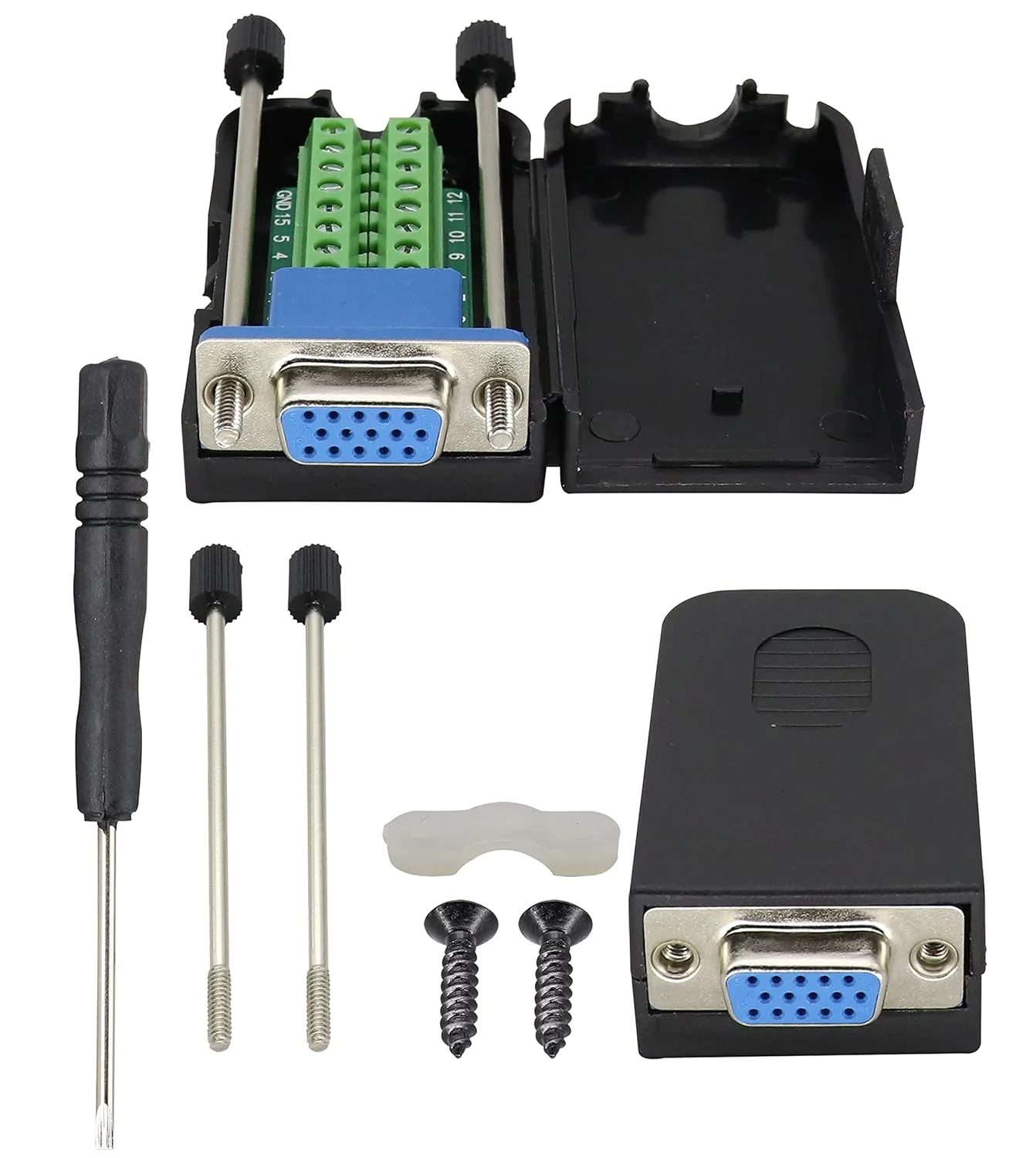 آداپتور پیچ و مهره VGA پورت مادگی D-SUB DB15 VGA به کانکتور برد خروجی ترمینال مادگی 15 پین/راهه DB15 3 ردیفه آداپتور ترمینال VGA با جعبه و پیچ (2 عدد/مادگی)