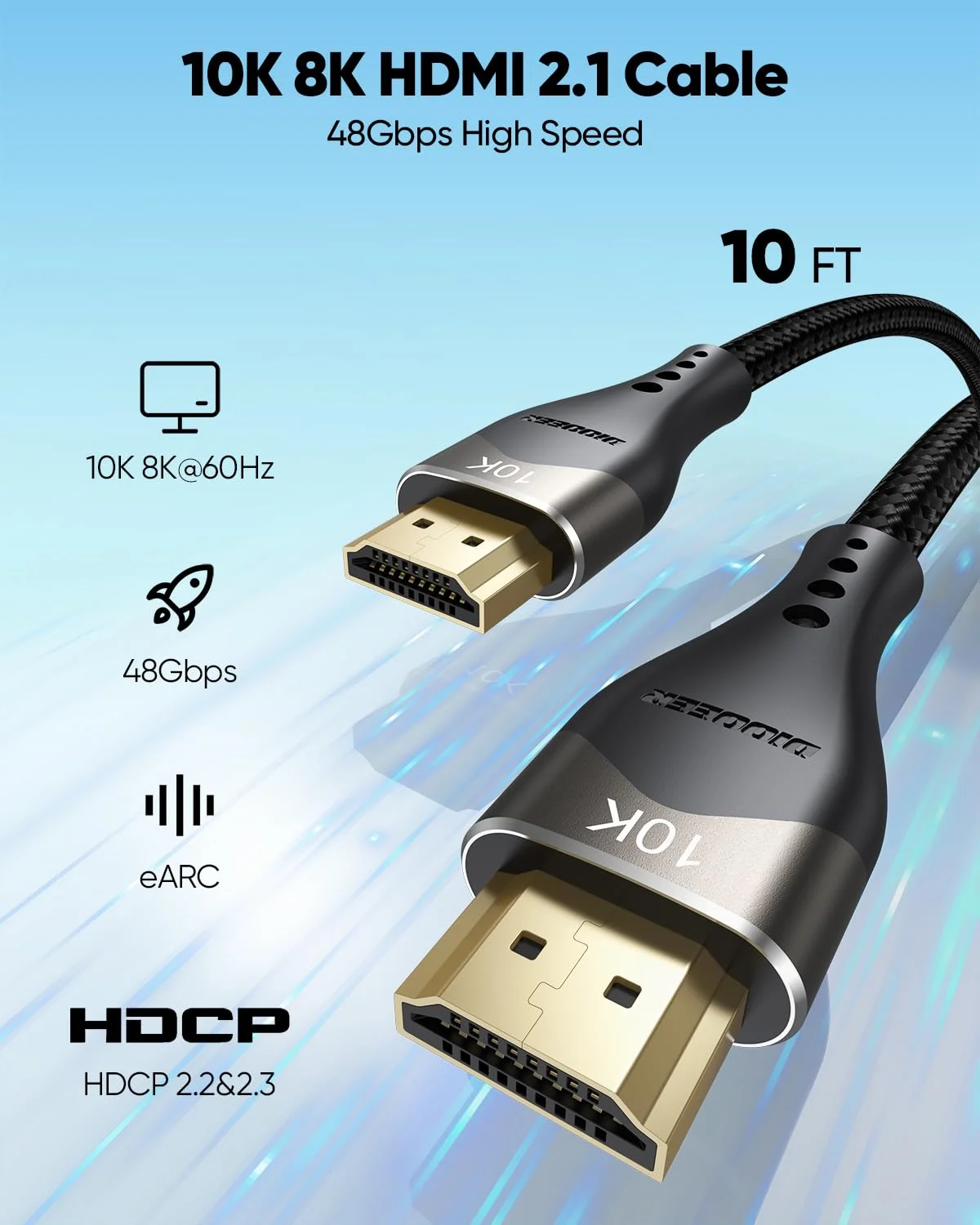 کابل HDMI 2.1 ده فوتی 10K 8K، کابل HDMI با سرعت فوق العاده بالا (48 گیگابیت بر ثانیه، 8K@60Hz، 4K@144Hz/120Hz) HDCP 2.2&2.3، DTS:X، 3D، eARC، HDR10 برای PS5، Roku TV، مانیتور، پروژکتور