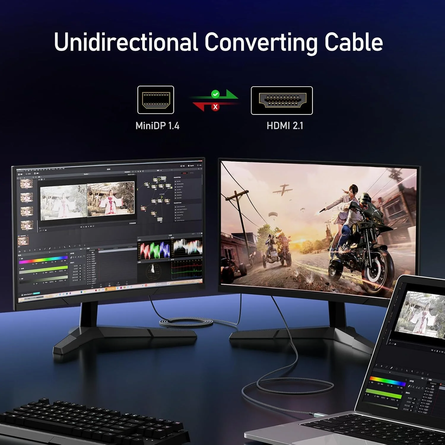 کابل Mini DisplayPort به HDMI طول 1.8 متر - 8K@60Hz 4K@120Hz یک طرفه Mini DP1.4 به HDMI، روکش نایلونی بافته شده، بدنه آلومینیومی، کانکتورهای روکش طلا، سازگار با MacBook iMac Surface Dell Lenovo Laptop PC