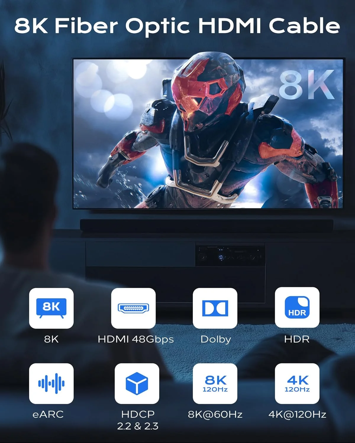 کابل فیبر نوری HDMI 8K طول 6 متر - کابل HDMI با سرعت 48 گیگابیت بر ثانیه، کابل HDMI پرسرعت، پشتیبانی از 8K 60Hz، 4K120Hz، HDR/eARC/HDCP 2.2&2.3، سازگار با مانیتور، پروژکتور، تلویزیون های HD و دستگاه های پخش DVD