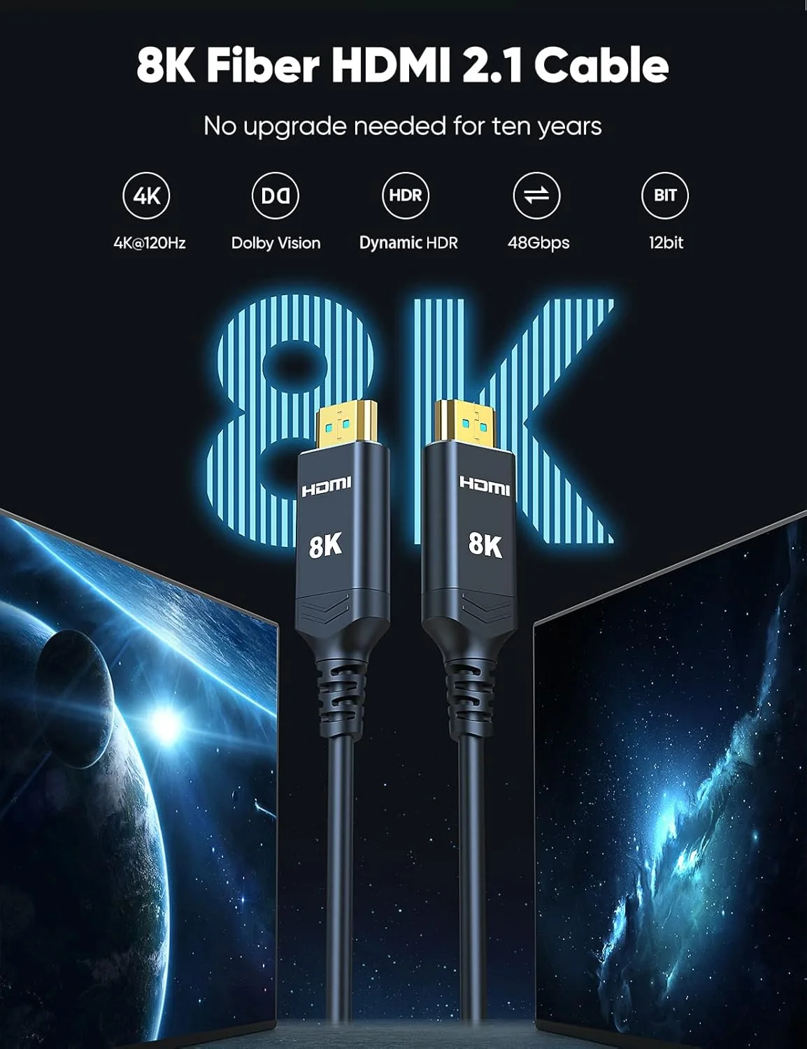 کابل فیبر نوری HDMI هایوینگز 15.24 متری (50 فوت) 8K و 4K، کابل HDMI بلند با استاندارد CL3، سرعت بالا 48 گیگابیت بر ثانیه [8K@60Hz]، HDR دینامیک/eARC/HDCP 2.2&2.3/3D، سازگار با کارت گرافیک و کامپیوتر برای اتصال به نمایشگر
