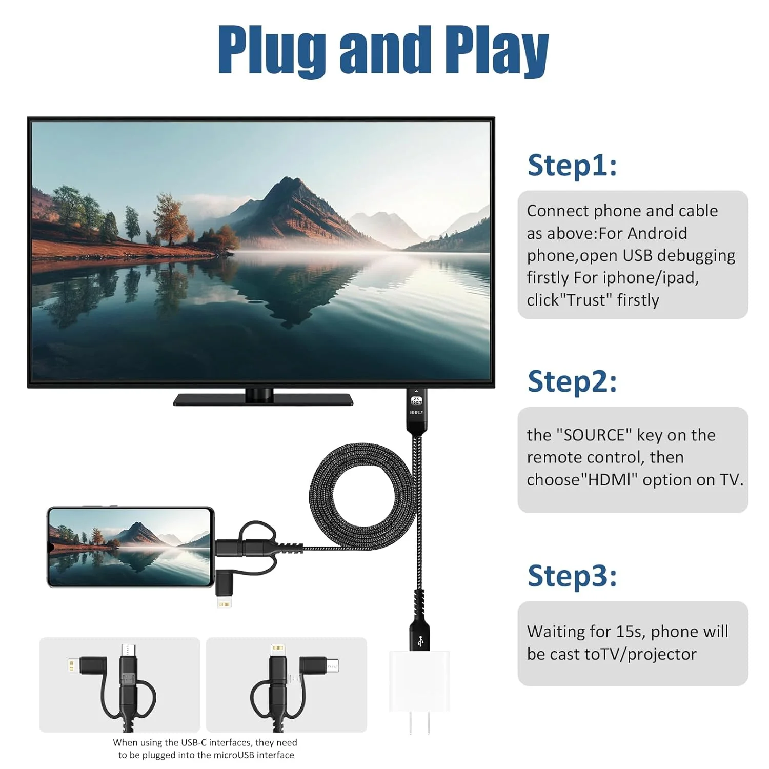 آداپتور USB-C به HDMI سازگار 3 در 1 برای گوشی های هوشمند آیفون/اندروید، انتقال تصویر 1080P به تلویزیون/مانیتور/پروژکتور، با لایتنینگ/میکرو USB، مبدل AV دیجیتال قابل حمل (غیر قابل استفاده در خودرو)