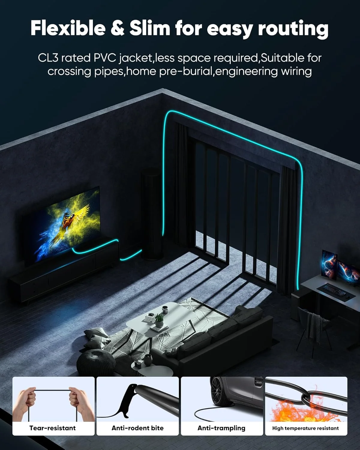 کابل HDMI بلند Highwings طول 4.5 متر، کابل HDMI 2.1 فوق العاده پرسرعت [دارای استاندارد CL3 مناسب نصب داخل دیوار، ویدئو 8K@60Hz 4K@120Hz با سرعت 48Gbps]، مناسب، بادوام، انعطاف پذیر، eARC، HDCP، سازگار برای اترنت و ساندبار