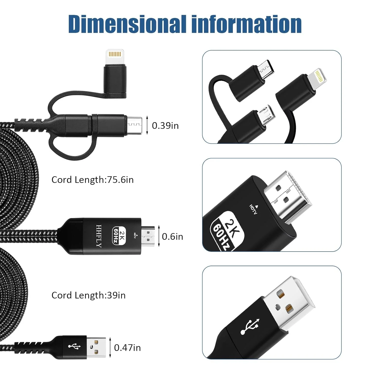 آداپتور USB-C به HDMI سازگار 3 در 1 برای گوشی های هوشمند آیفون/اندروید، انتقال تصویر 1080P به تلویزیون/مانیتور/پروژکتور، با لایتنینگ/میکرو USB، مبدل AV دیجیتال قابل حمل (غیر قابل استفاده در خودرو)