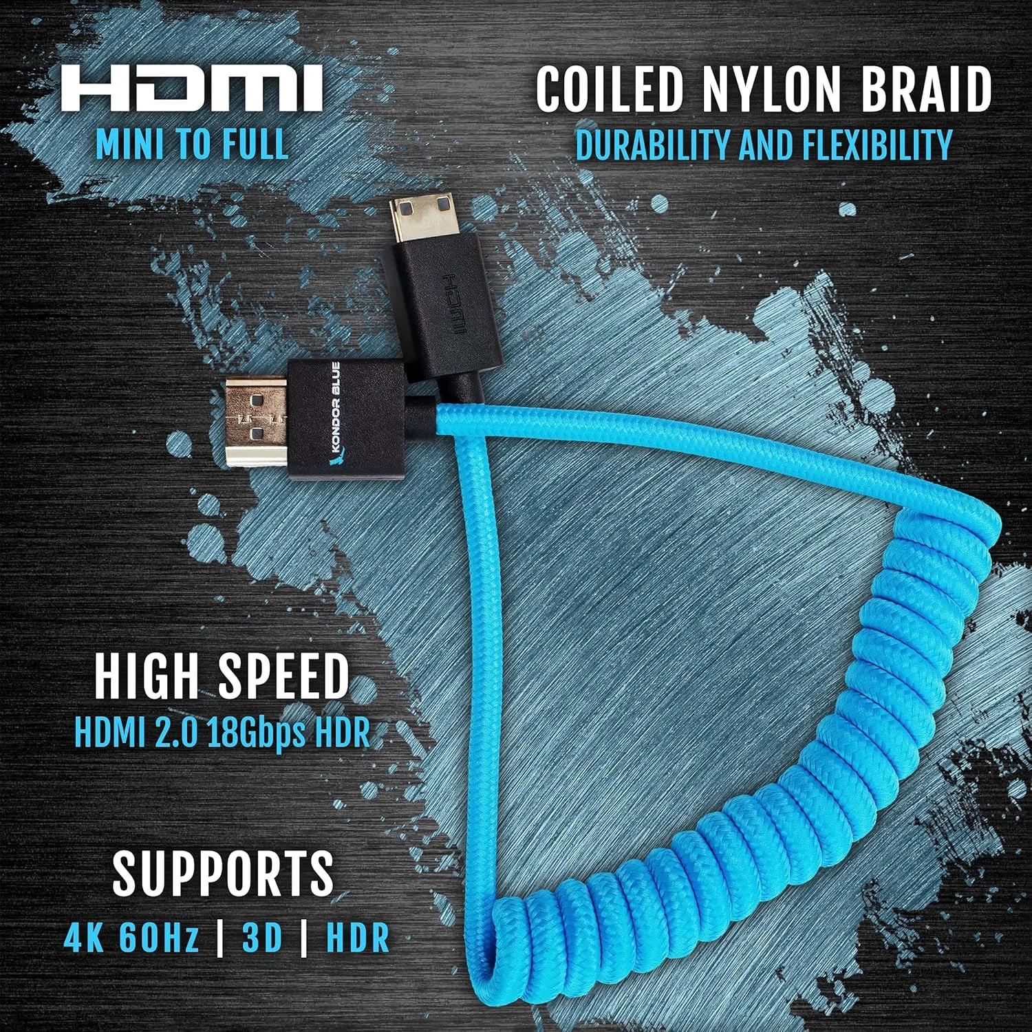 کابل مینی HDMI به HDMI کامل کندور بلو، با روکش بافته شده فنری 30 تا 60 سانتی‌متری | برای مانیتورهای روی دوربین، کارت‌های کپچر و موارد دیگر، 4K/60Hz و 18Gbps 3D HDR MetaData | آبی