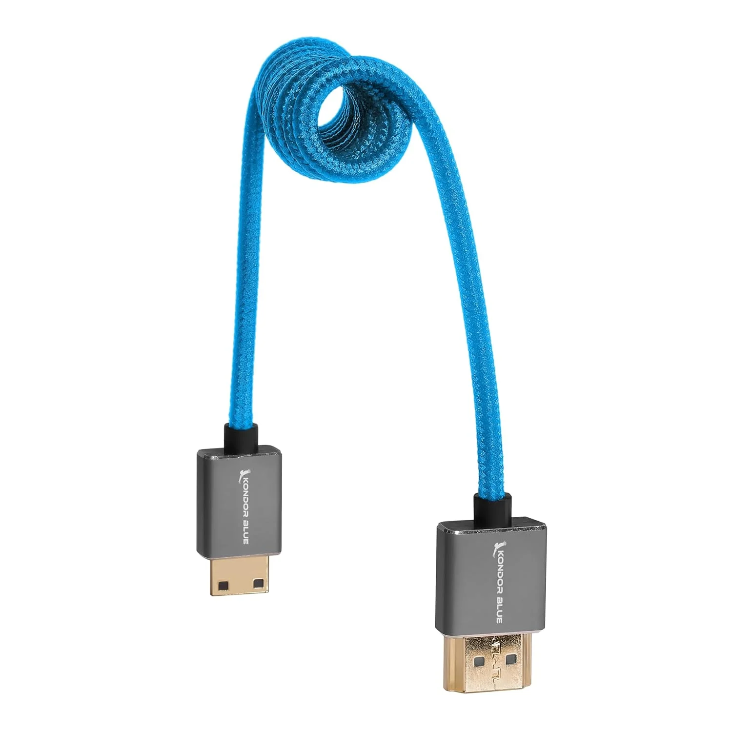 کابل مینی HDMI به HDMI کامل کندور بلو، با روکش بافته شده فنری 30 تا 60 سانتی‌متری | برای مانیتورهای روی دوربین، کارت‌های کپچر و موارد دیگر، 4K/60Hz و 18Gbps 3D HDR MetaData | آبی