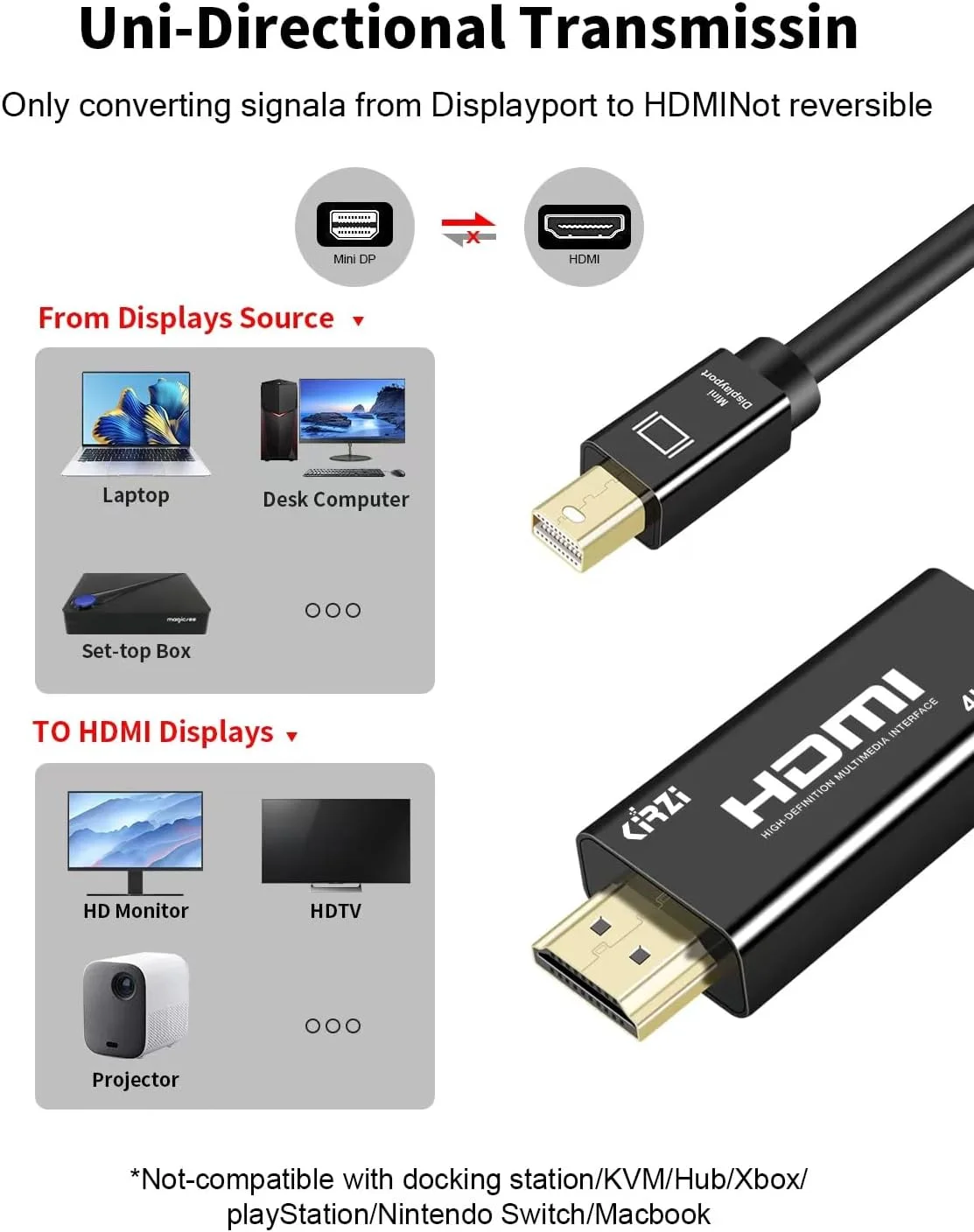 کابل Mini DisplayPort به HDMI 4K UHD طول 3 متر، کابل Thunderbolt به HDMI، سازگار با Mini DP به HDMI برای MacBook Air/Pro، Surface Pro/مانیتور/تلویزیون/پروژکتور و غیره