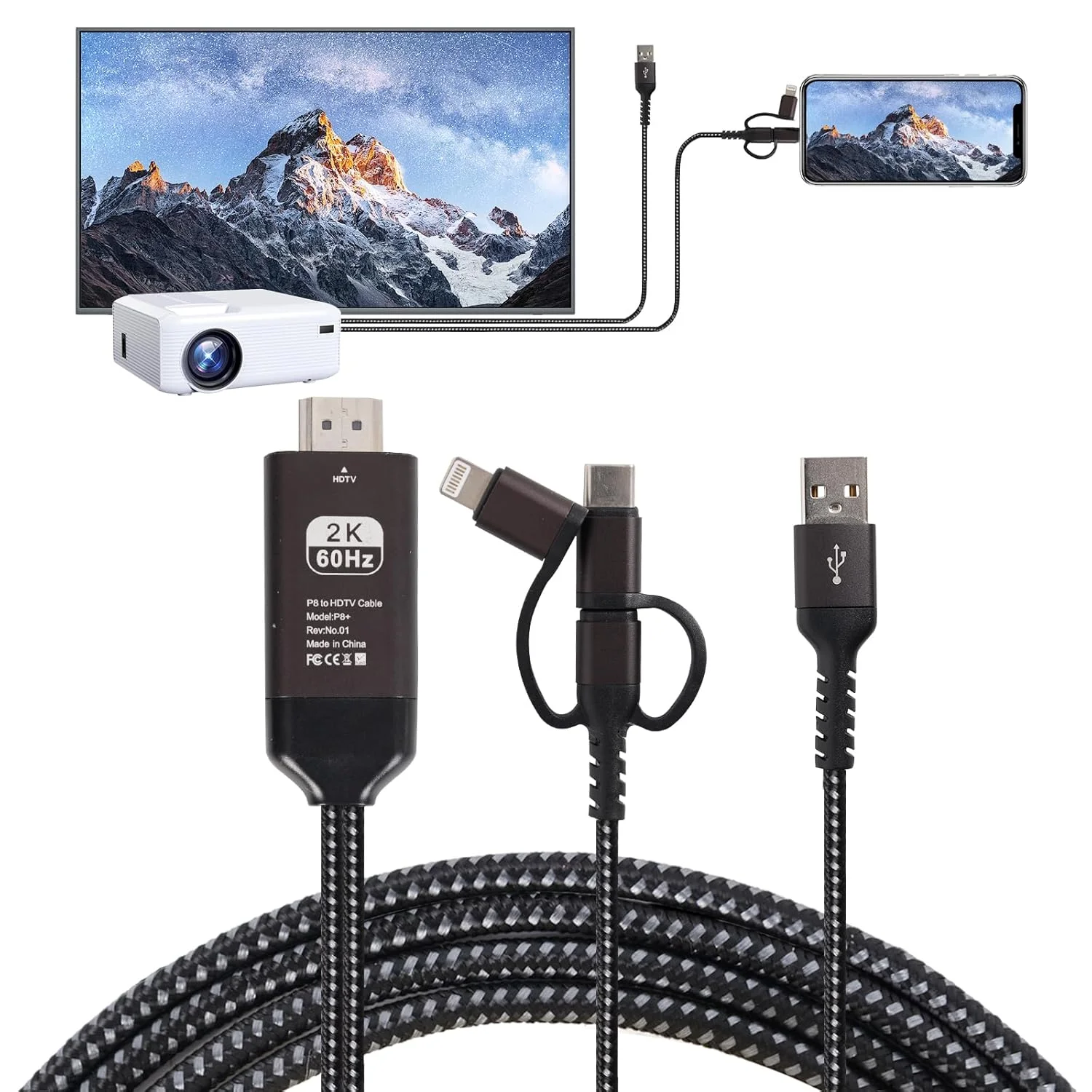 کابل HDMI به آداپتور تلویزیون 2k 60Hz 1080P تبدیل گوشی به تلویزیون HDTV AV برای گوشی های اندروید Type C طراحی 3 در 1، چند منظوره، اتصال و پخش، کابل HDMI سازگار با Roku TV/PS5/HDTV/Blu-ray