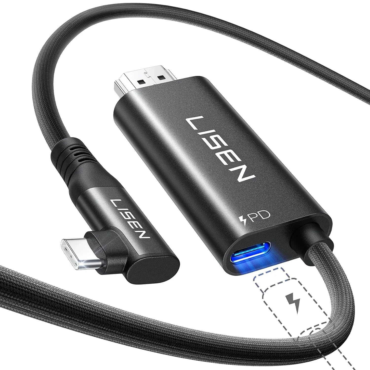آداپتور کابل USB C به HDMI لیسن با پورت شارژ سریع 100 واتی PD [4K 60Hz] کابل تاندربولت HDMI به USB C با محافظ سه گانه برای آیفون 17 16 15، گلکسی S25، آیپد پرو، مک بوک، سوییچ 2/1، 6.6 فوت