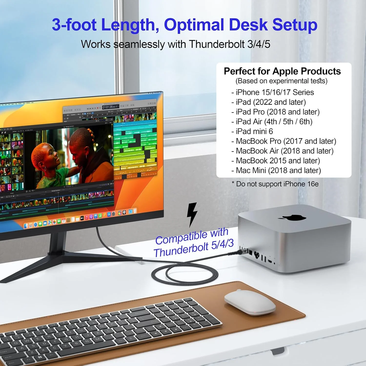 کابل USB-C به HDMI طول 90 سانتیمتر، 4K@30Hz/ 1080P@120Hz یک طرفه Type C Thunderbolt 3/4/5 به HDMI برای آیفون 17/16/15 آیپد ایر/پرو گلکسی S25/S24/S23 مک مینی مک بوک ایر/پرو به مانیتور تلویزیون پروژکتور