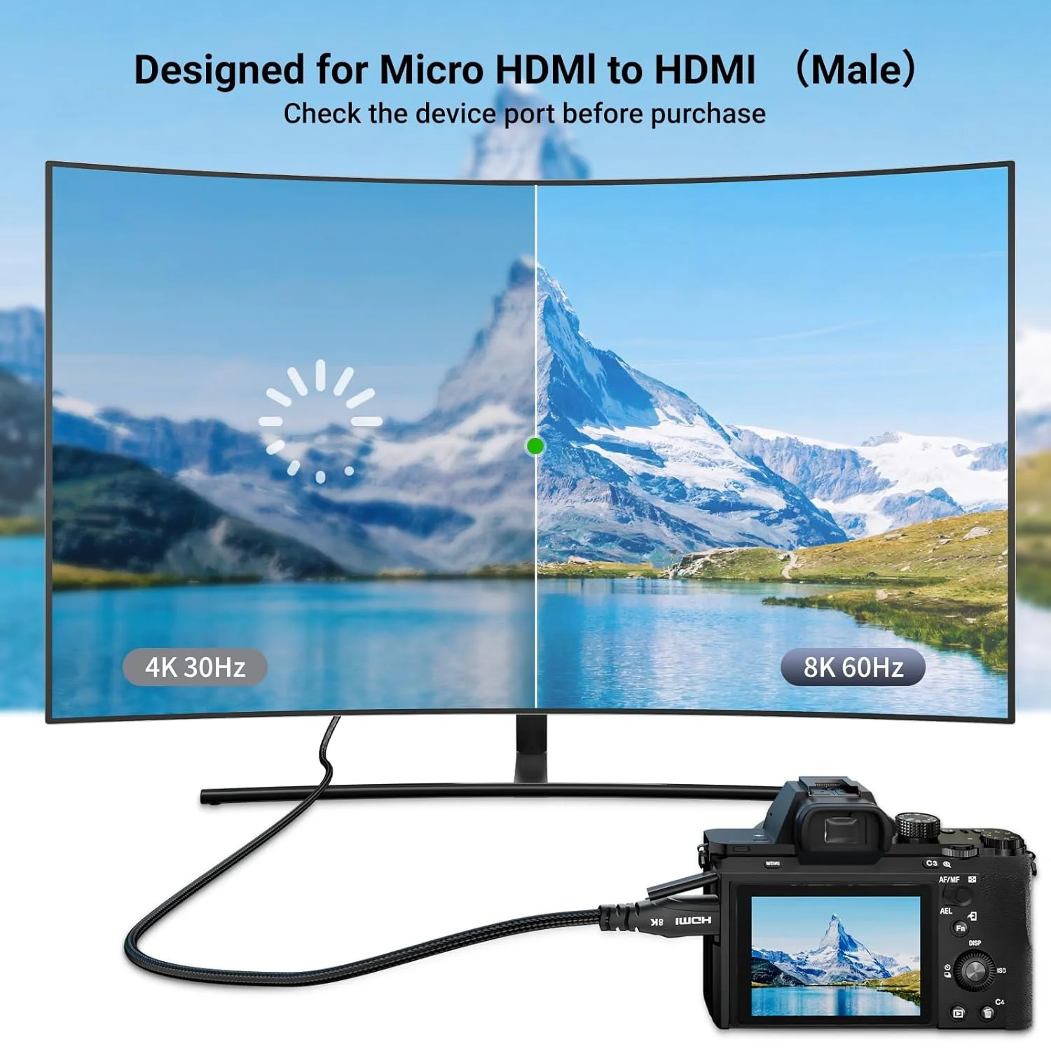 کابل میکرو HDMI به HDMI با کیفیت 8K طول 2 متر، 8K@60Hz، 4K@120Hz، سرعت فوق العاده بالا، پشتیبانی از HDR eARC Dolby، سازگار با GoPro Hero 7 6 5 4، Raspberry Pi 4، دوربین سونی، نیکون