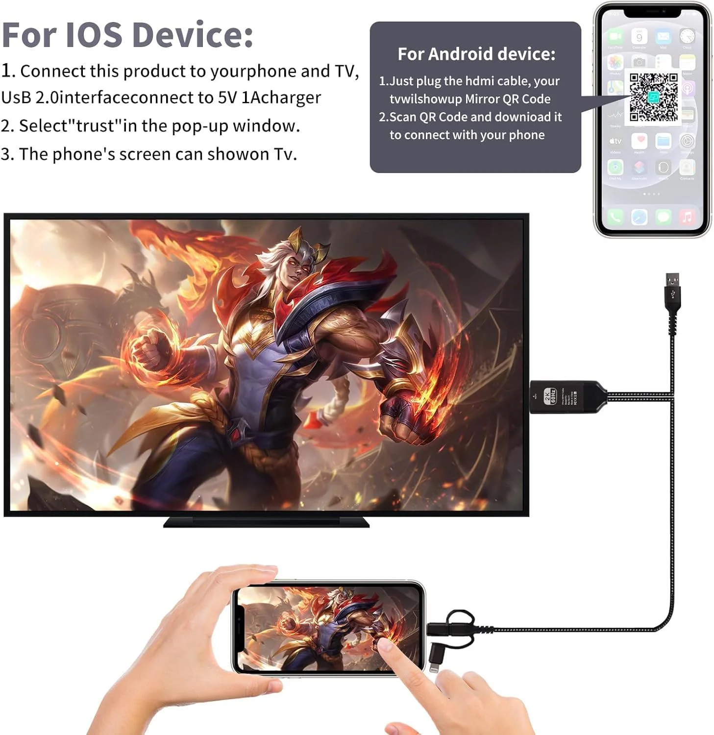 کابل تبدیل 3 در 1 یونیورسال HDMI (2 متر), آداپتور لایتنینگ/میکرو USB/USB C به HDMI برای همه آیفون ها، تلفن های اندرویدی، آیپد، پشتیبانی از انتقال تصویر 2K 60Hz 1080P به پروژکتور/مانیتور/تلویزیون کابل تبدیل 3 در 1 یونیورسال HDMI (2 متر), آداپتور لایتنینگ/میکرو USB/USB C به HDMI برای همه آیفون ها، تلفن های اندرویدی، آیپد، پشتیبانی از انتقال تصویر 2K 60Hz 1080P به پروژکتور/مانیتور/تلویزیون