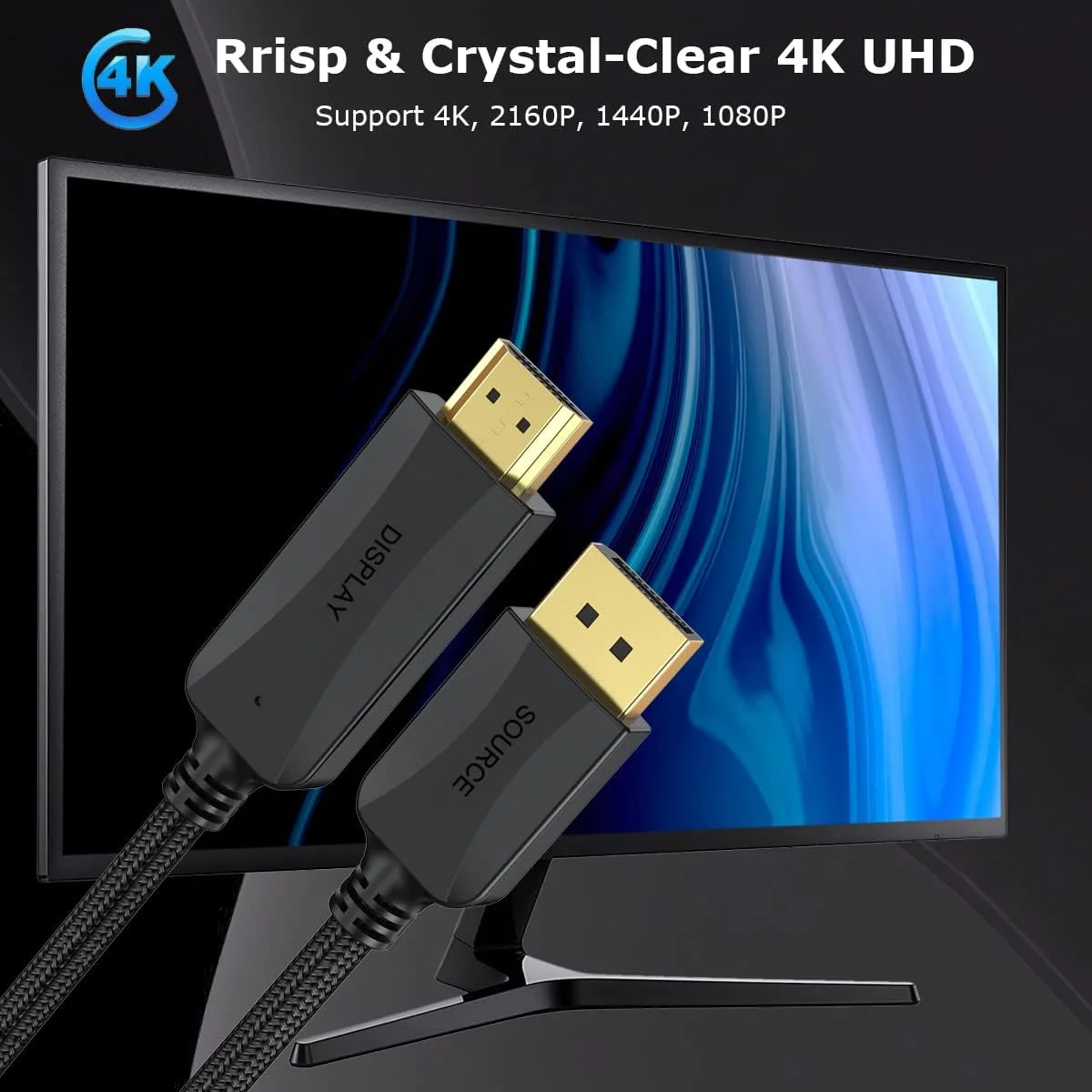 کابل DisplayPort به HDMI با کیفیت 4K، طول 1.2 متر، روکش نایلونی بافته شده، آداپتور کابل DP به HDMI نر به نر، سرعت بالا، سازگار با Dell، HP، Insignia، Samsung و غیره - یک طرفه