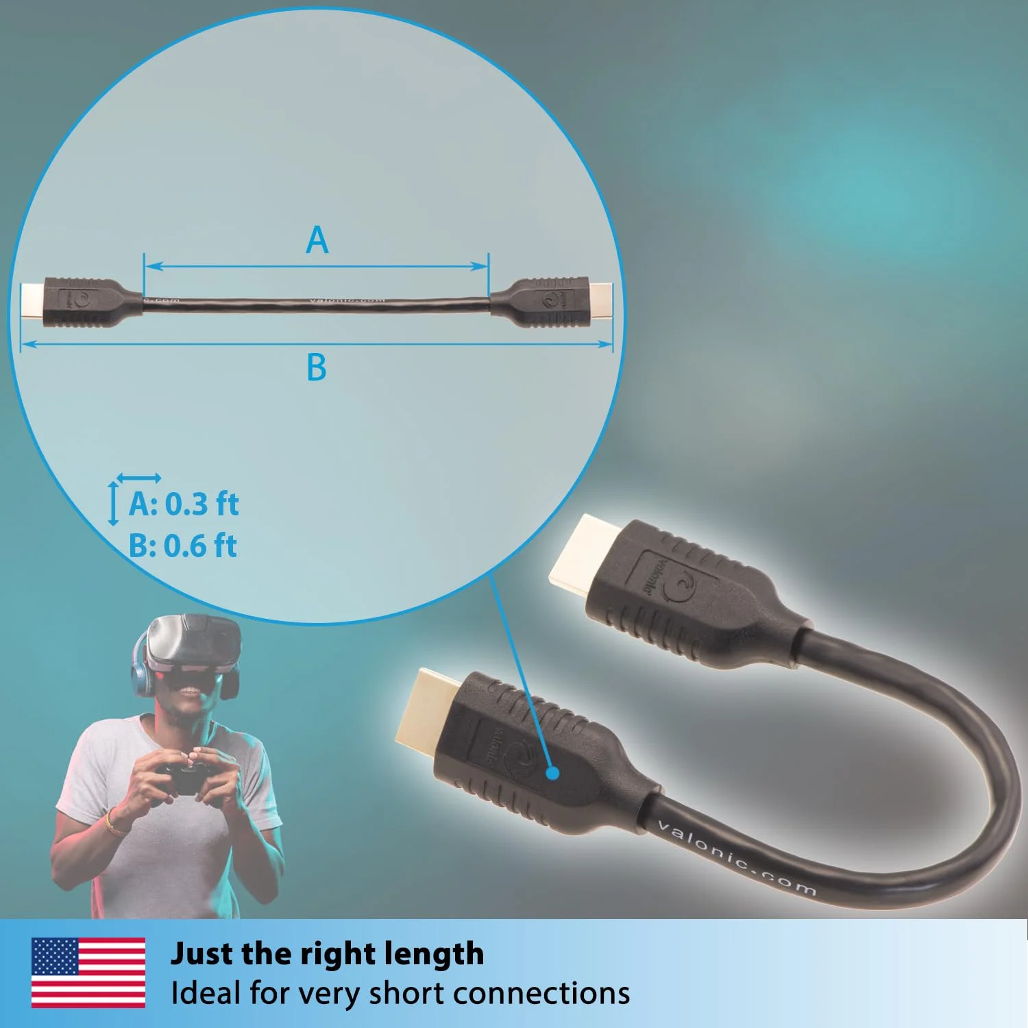 کابل کوتاه HDMI والونیک - 0.2 متر، 4K، سرعت بالا، Ultra HD، اترنت - سازگار با نینتندو، PS5، تلویزیون، PS4، ایکس باکس، مشکی، کوچک، نازک