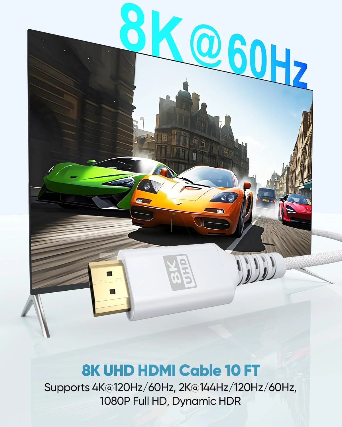 کابل HDMI سفید 8K، طول 3 متر، سرعت فوق العاده بالای 48 گیگابیت بر ثانیه، کابل HDMI 2.1 بافته شده eARC با رزولوشن 8K@60Hz، 4K@120Hz، HDR10+، Dolby، 3D، HDCP2.3 برای لپ تاپ/مانیتور/HDTV/ساندبار/Blu-ray/PS5/Xbox
