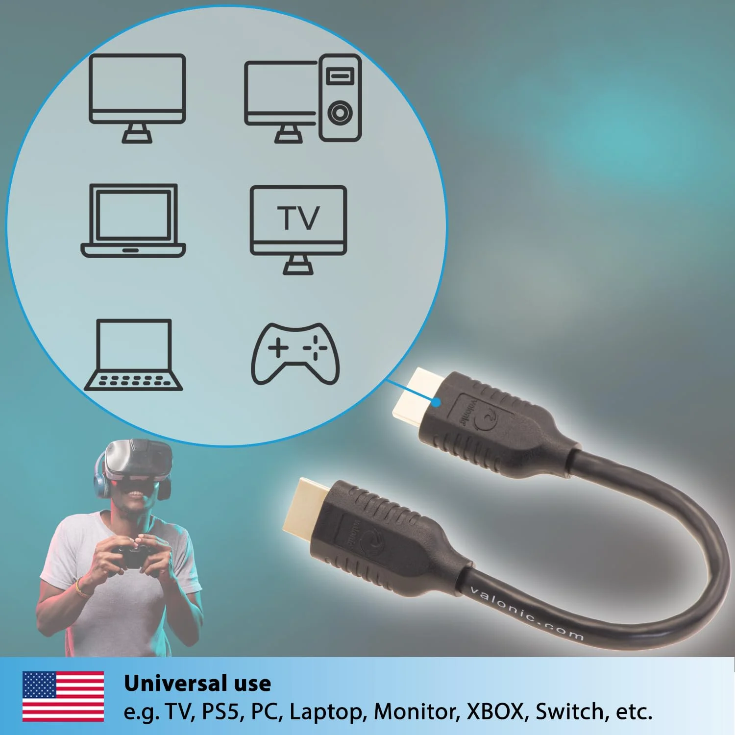 کابل کوتاه HDMI والونیک - 0.2 متر، 4K، سرعت بالا، Ultra HD، اترنت - سازگار با نینتندو، PS5، تلویزیون، PS4، ایکس باکس، مشکی، کوچک، نازک