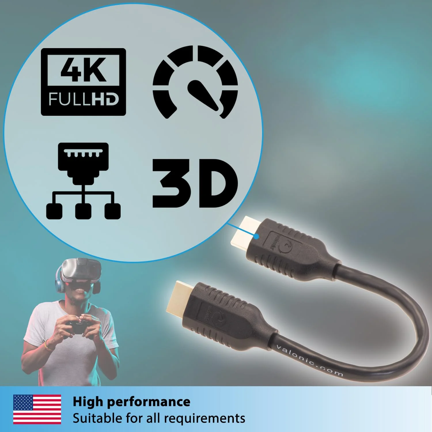 کابل کوتاه HDMI والونیک - 0.2 متر، 4K، سرعت بالا، Ultra HD، اترنت - سازگار با نینتندو، PS5، تلویزیون، PS4، ایکس باکس، مشکی، کوچک، نازک