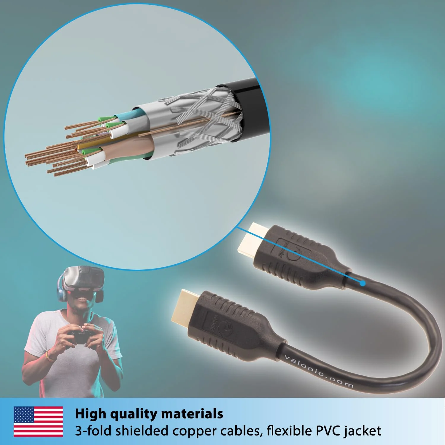 کابل کوتاه HDMI والونیک - 0.2 متر، 4K، سرعت بالا، Ultra HD، اترنت - سازگار با نینتندو، PS5، تلویزیون، PS4، ایکس باکس، مشکی، کوچک، نازک