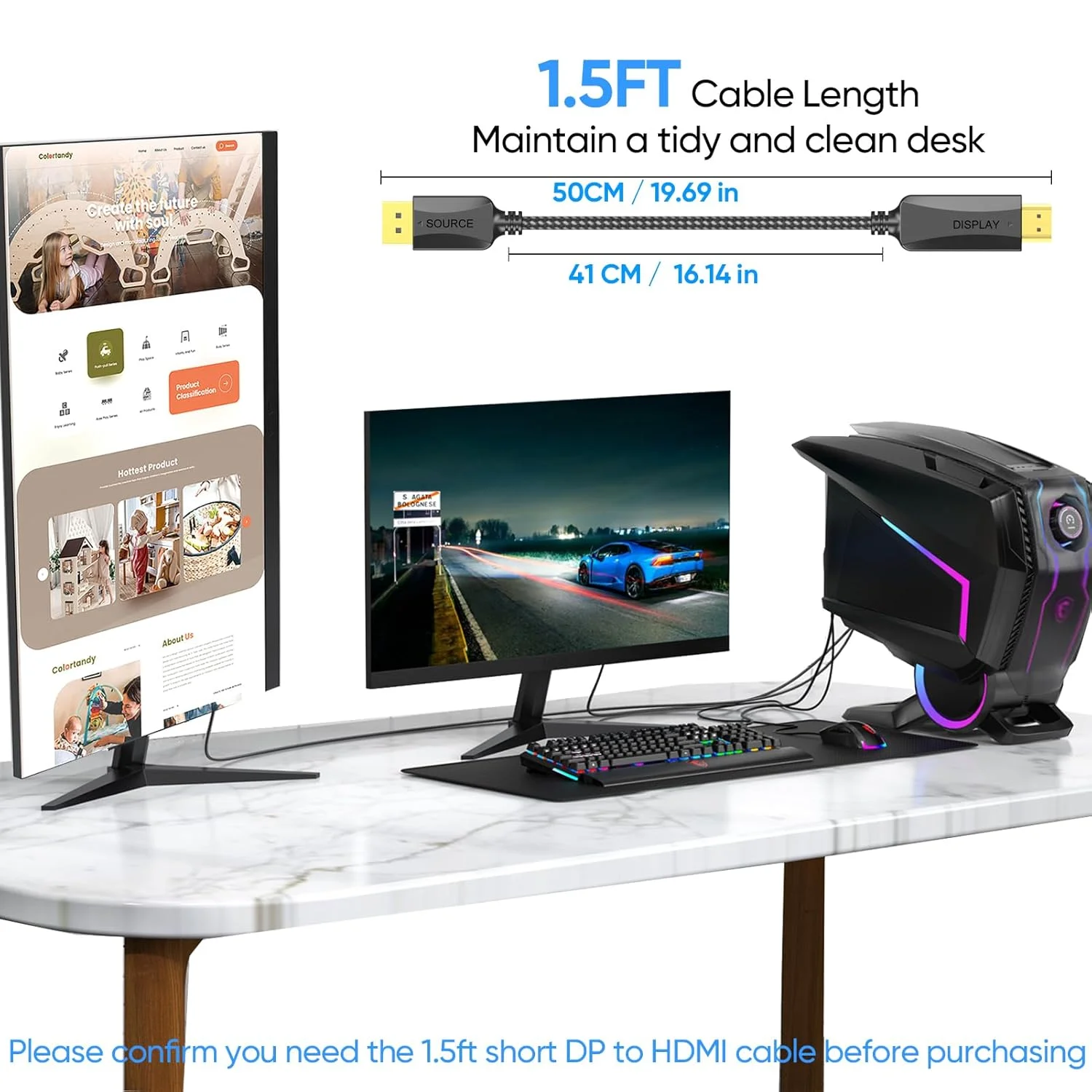 کابل DisplayPort به HDMI 4K طول 1.5 فوت، کابل کوتاه DP (درگاه نمایش) به HDMI آداپتور نر به نر پشتیبانی از ویدئو و صدا با UHD 4K، 2K، 1080P برای کامپیوتر، مانیتور، تلویزیون، پروژکتور - یک طرفه