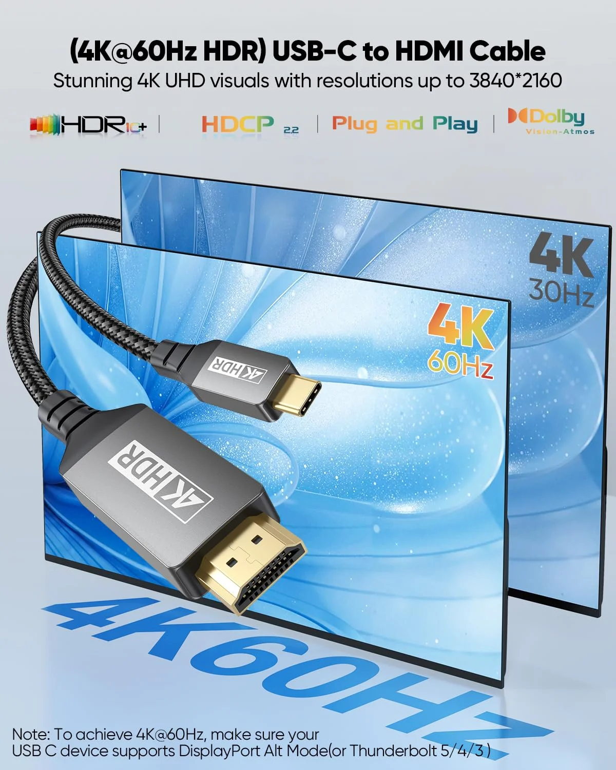 کابل کوتاه USB-C به HDMI طول 30 سانتی متر، [4K@60Hz] کابل USBC به HDMI سازگار با Thunderbolt 3/4/5، سری iPhone 17/16/15/MacBook Pro Air/Mac mini 2024/iPad Pro/Pixel/Galaxy S25