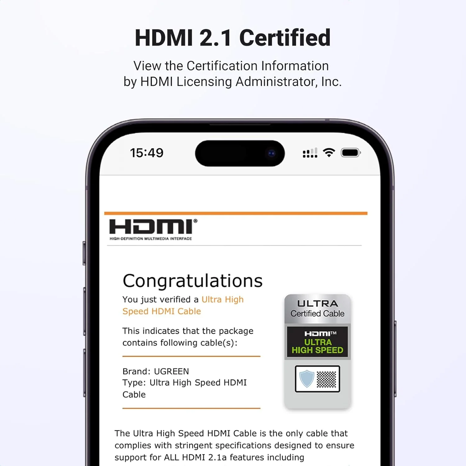 کابل HDMI 2.1 یوگرین 8K تایید شده 2 متری، کابل HDMI فوق العاده سریع 10K با سرعت 4K 240Hz 48Gbps HDCP 2.2&2.3 eARC HDR Dolby سازگار برای PS5 Xbox Series X/Switch 2/Roku TV/Laptop/Monitor/Mac mini M4 Pro