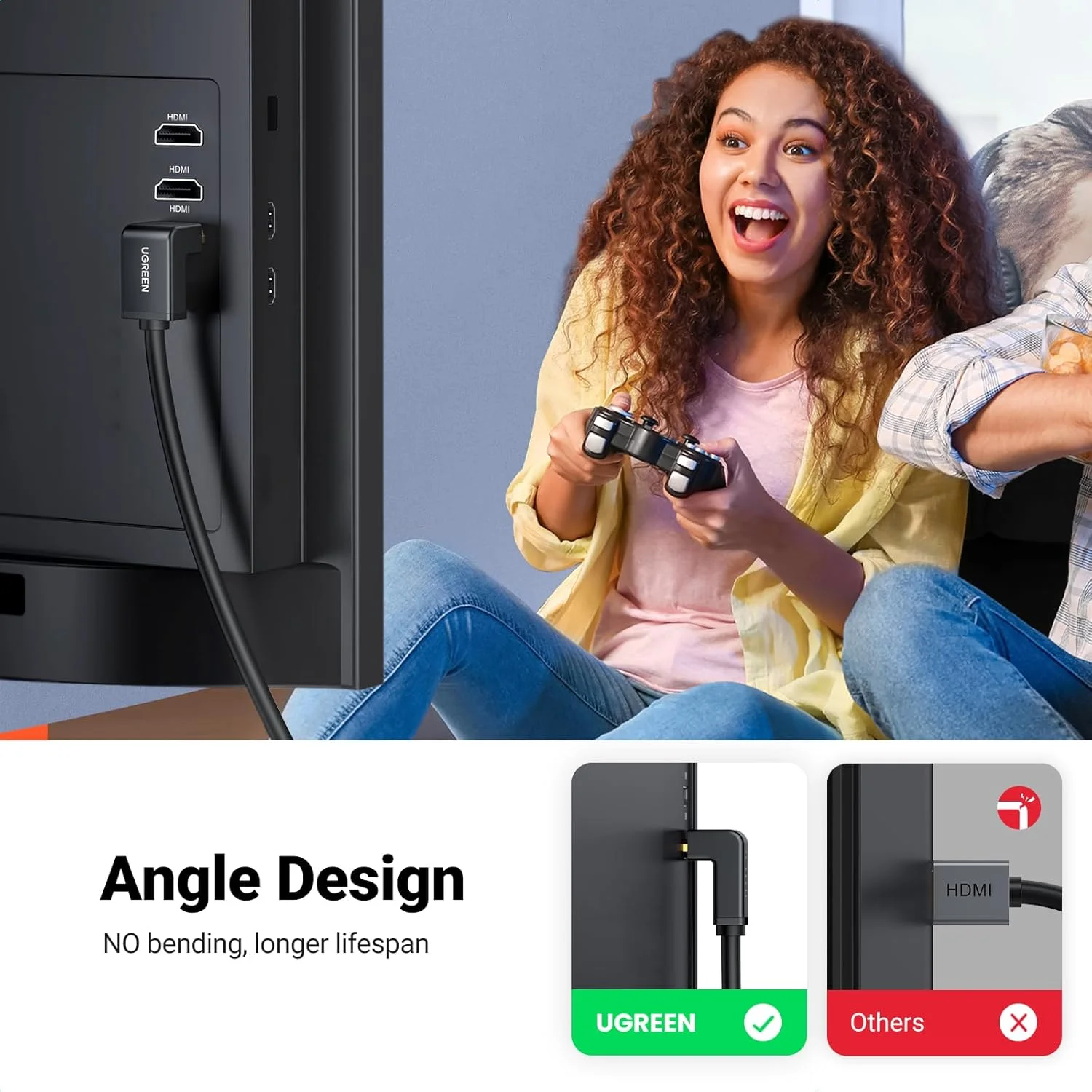 UGREEN HDMI Cable Right Angle 4K 90 Degree HDMI Cord High Speed Down Angle HDMI 2.0 Cable, 4K@60Hz HD 3D 1080P ARC Compatible for Laptop Monitor Nintendo Switch Xbox PS5 PC TV 6.6FT