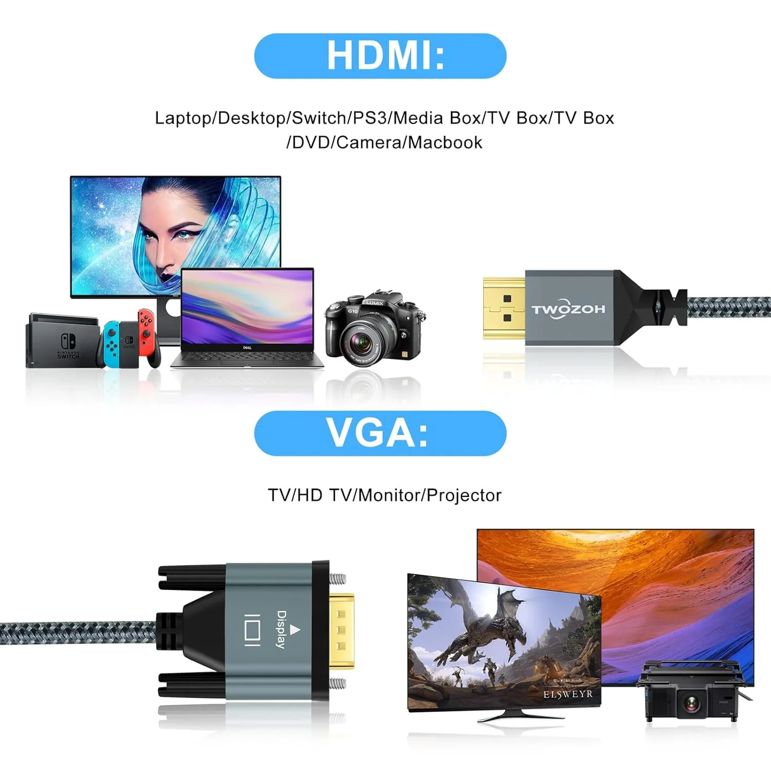 کابل HDMI به VGA تووزوه، طول ۱ متر. روکش آلیاژ آلومینیوم بافته شده با نایلون و روکش طلا، پشتیبانی از 1080P/60HZ