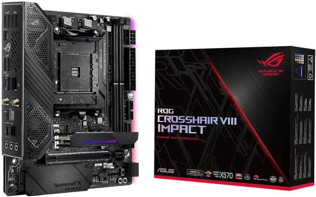 مادربرد گیمینگ ایسوس ROG (X570) Crosshair VIII Impact، AMD، AM4، Ryzen 3000، (Mini-DTX) SFF با PCIe 4.0، وای فای 6 (802.11Ax)، اینتل LAN، SATA 6GB/s، USB 3.2 Gen 2، SO-DIMM.2 و Aura Sync