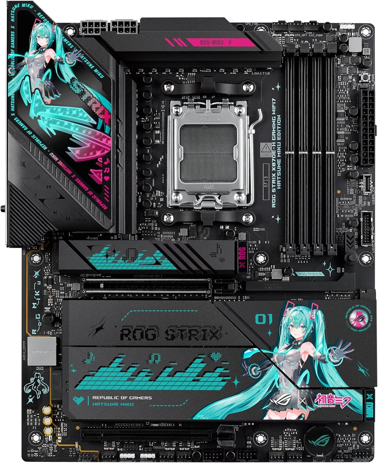 مادربرد ایسوس ROG Strix X870E-H Gaming WIFI7 Hatsune Miku Edition AMD X870E ATX، دارای 16+2+1 فاز قدرت، سوییچر OC دینامیک، Core Flex، DDR5، 4X M.2، PCIe 5.0، دو پورت USB4، USB 10Gbps Type-C مادربرد ایسوس ROG Strix X870E-H Gaming WIFI7 Hatsune Miku Edition AMD X870E ATX، دارای 16+2+1 فاز قدرت، سوییچر OC دینامیک، Core Flex، DDR5، 4X M.2، PCIe 5.0، دو پورت USB4، USB 10Gbps Type-C