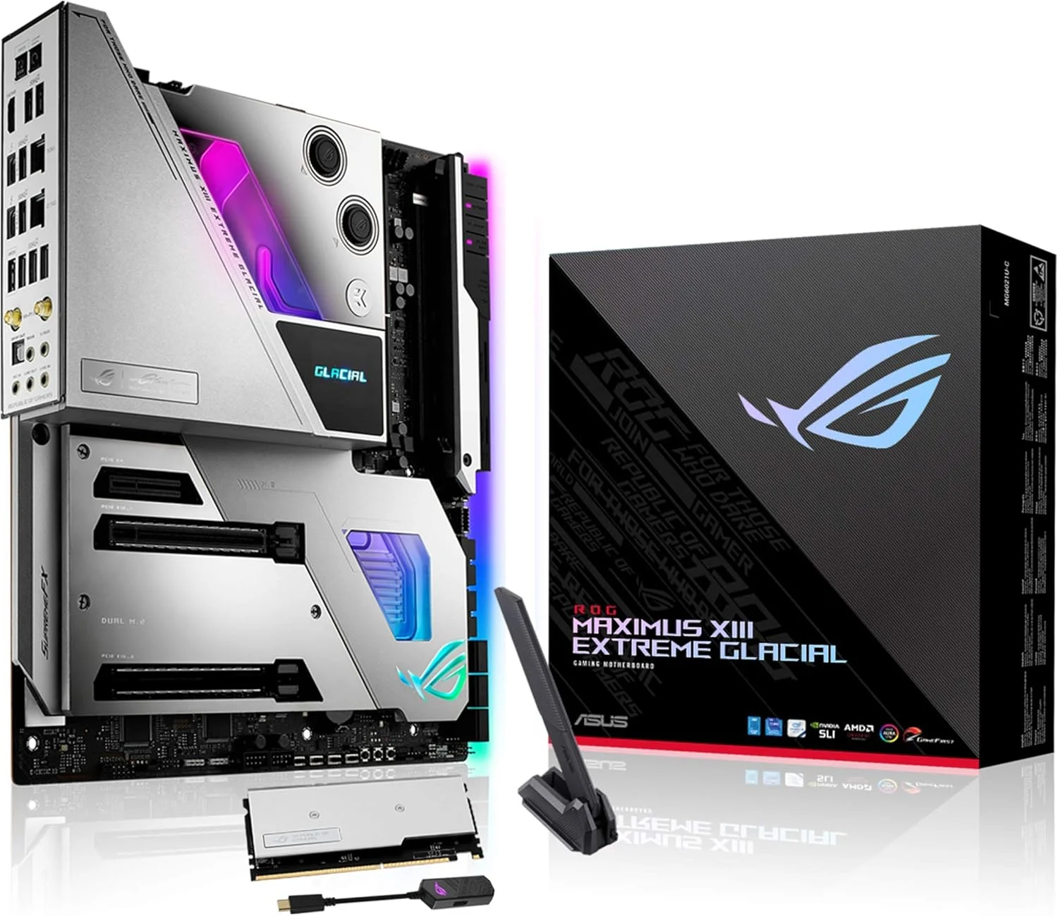 مادربرد گیمینگ ایسوس ROG Maximus XIII Extreme Glacial (WiFi 6E) Z590 LGA 1200 (Intel® 11th) EATX (PCIe 4.0، 18+2 فاز قدرت، بلوک آبی EK یکپارچه، 5 اسلات M.2، 2xThunderbolt™ 4، LAN 10 & 2.5Gb) مادربرد گیمینگ ایسوس ROG Maximus XIII Extreme Glacial (WiFi 6E) Z590 LGA 1200 (Intel® 11th) EATX (PCIe 4.0، 18+2 فاز قدرت، بلوک آبی EK یکپارچه، 5 اسلات M.2، 2xThunderbolt™ 4، LAN 10 & 2.5Gb)
