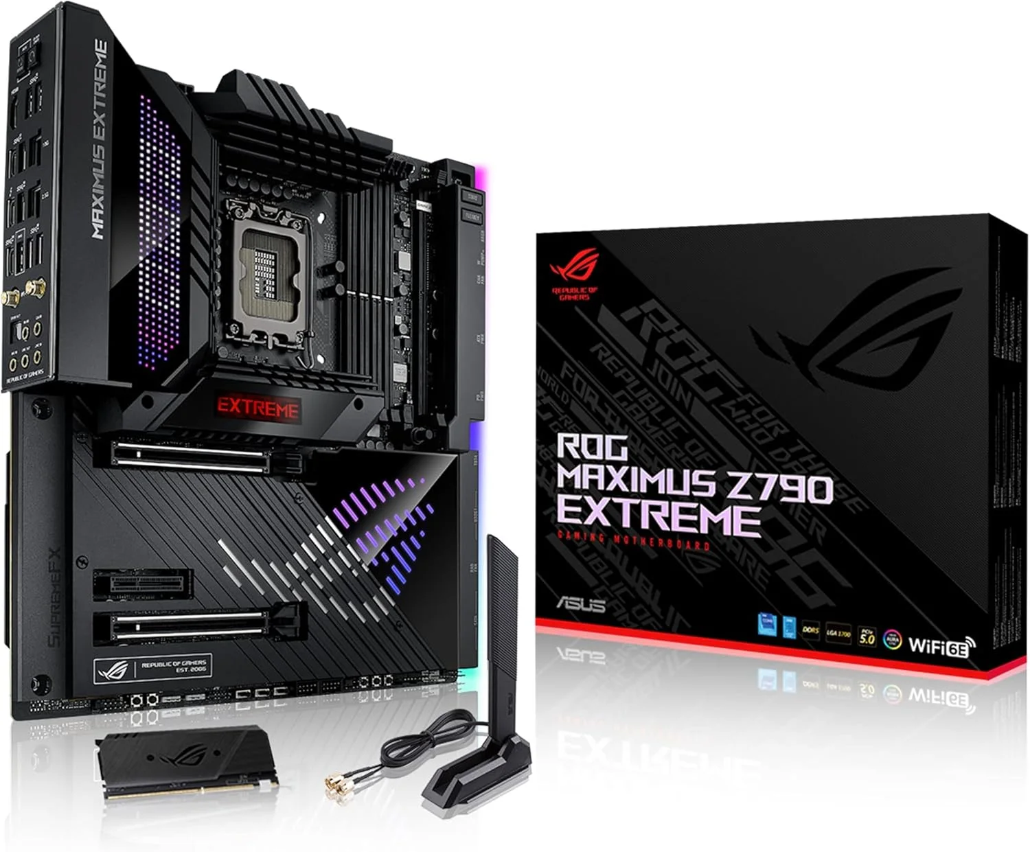 مادربرد گیمینگ ایسوس ROG Maximus Z790 Extreme WiFi 6E LGA 1700 (نسل دوازدهم و سیزدهم اینتل) EATX (PCIe 5.0, DDR5, 25 فاز قدرت, 5X M.2, LAN 10 و 2.5 گیگابیتی, 2x Thunderbolt 4, USB 3.2 Gen 2x2 با Quick Charge 4+) مادربرد گیمینگ ایسوس ROG Maximus Z790 Extreme WiFi 6E LGA 1700 (نسل دوازدهم و سیزدهم اینتل) EATX (PCIe 5.0, DDR5, 25 فاز قدرت, 5X M.2, LAN 10 و 2.5 گیگابیتی, 2x Thunderbolt 4, USB 3.2 Gen 2x2 با Quick Charge 4+)