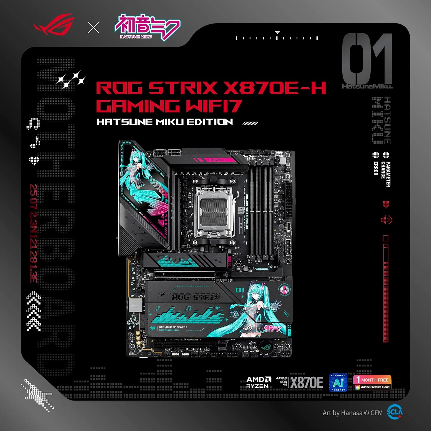 مادربرد ایسوس ROG Strix X870E-H Gaming WIFI7 Hatsune Miku Edition AMD X870E ATX، دارای 16+2+1 فاز قدرت، سوییچر OC دینامیک، Core Flex، DDR5، 4X M.2، PCIe 5.0، دو پورت USB4، USB 10Gbps Type-C