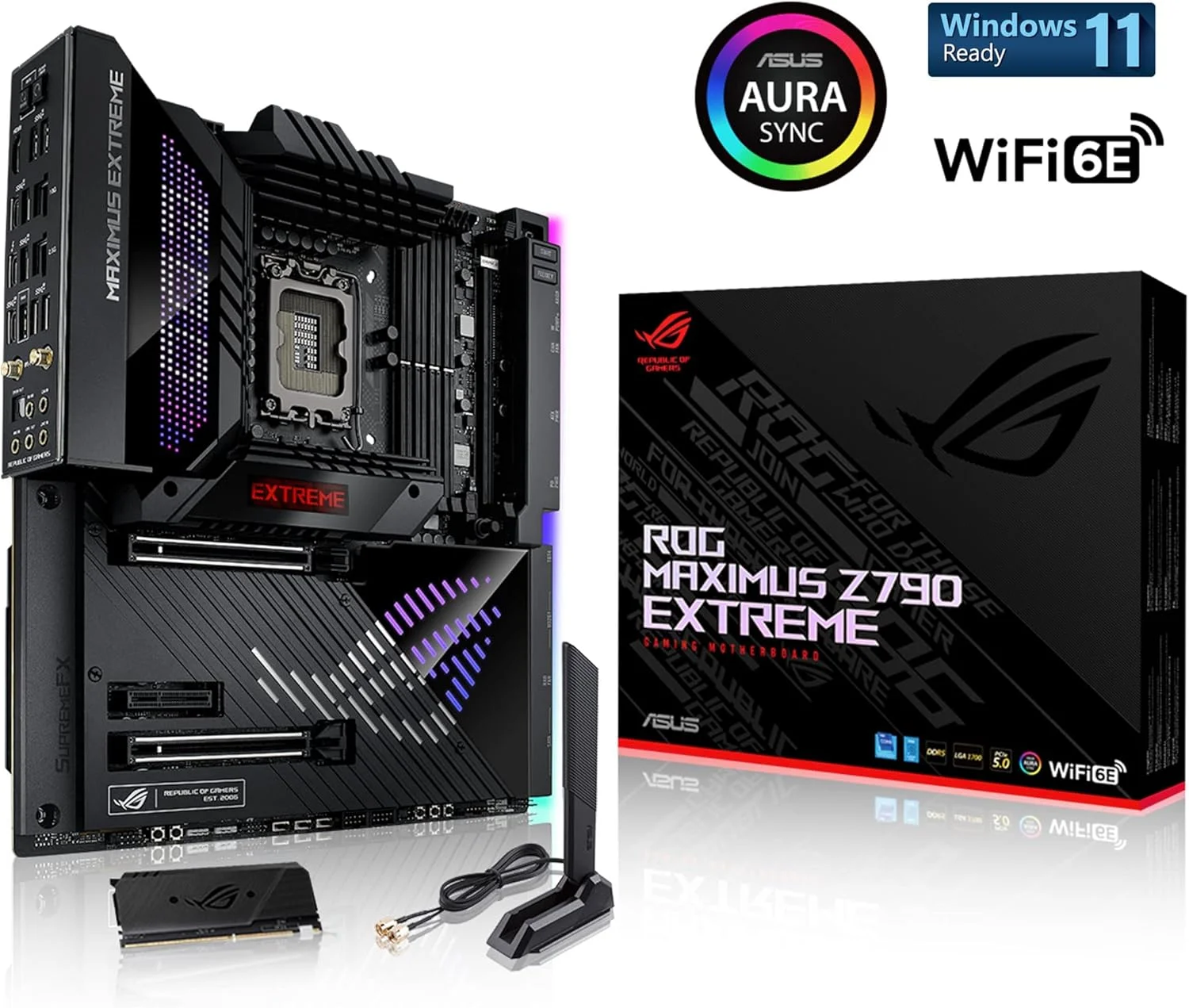 مادربرد گیمینگ ایسوس ROG Maximus Z790 Extreme WiFi 6E LGA 1700 (نسل دوازدهم و سیزدهم اینتل) EATX (PCIe 5.0, DDR5, 25 فاز قدرت, 5X M.2, LAN 10 و 2.5 گیگابیتی, 2x Thunderbolt 4, USB 3.2 Gen 2x2 با Quick Charge 4+)