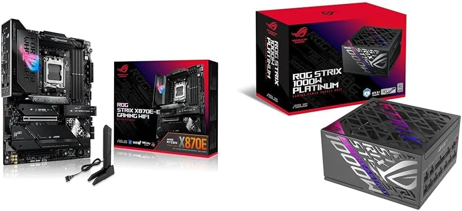 باندل مادربرد ایسوس ROG Strix X870E-E Gaming WiFi AMD AM5 ATX، DDR5 AEMP، WiFi 7، 5X M.2، PCIe® 5.0 + منبع تغذیه 1000W پلاتینیوم ایسوس ROG Strix (کاملاً ماژولار، دارای گواهینامه 80+ پلاتینیوم، ATX 3.1) باندل مادربرد ایسوس ROG Strix X870E-E Gaming WiFi AMD AM5 ATX، DDR5 AEMP، WiFi 7، 5X M.2، PCIe® 5.0 + منبع تغذیه 1000W پلاتینیوم ایسوس ROG Strix (کاملاً ماژولار، دارای گواهینامه 80+ پلاتینیوم، ATX 3.1)