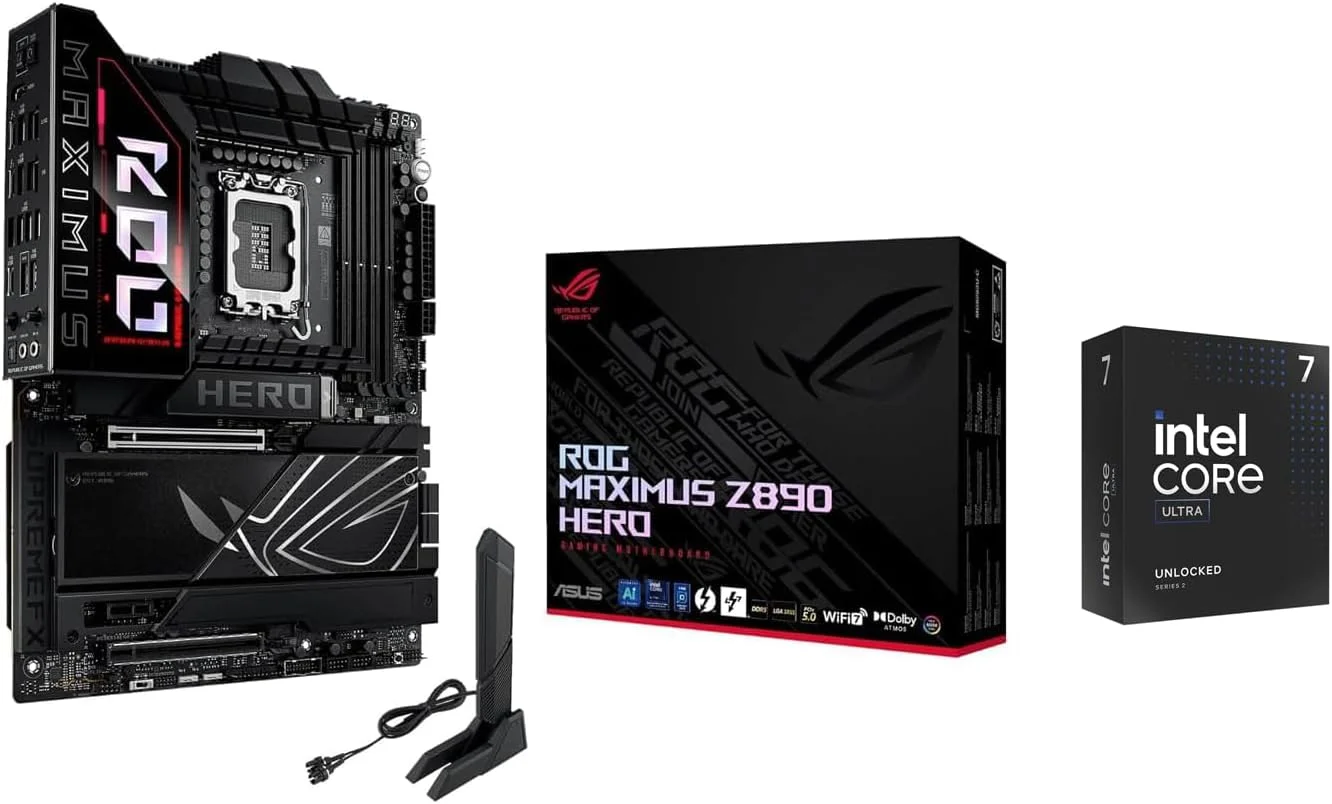 مادربرد ROG Maximus Z890 Hero LGA 1851 ATX، DDR5 پیشرفته با هوش مصنوعی، WiFi 7 + پردازنده Intel Core Ultra 7 285K با 24 هسته و فرکانس 5.7 گیگاهرتز مادربرد ROG Maximus Z890 Hero LGA 1851 ATX، DDR5 پیشرفته با هوش مصنوعی، WiFi 7 + پردازنده Intel Core Ultra 7 285K با 24 هسته و فرکانس 5.7 گیگاهرتز
