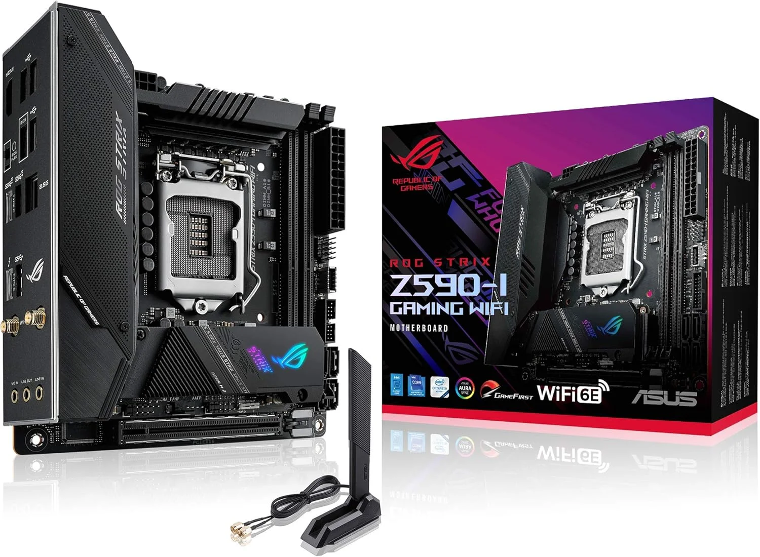 مادربرد گیمینگ ROG Strix Z590-I Gaming WiFi 6E LGA 1200 mini-ITX (نسل 11/10 اینتل، PCIe 4.0، 8+2 فاز قدرت، Thunderbolt 4، LAN 2.5 گیگابیتی، پنل جلویی USB 3.2 Gen 2 Type-C، 2x اسلات M.2)