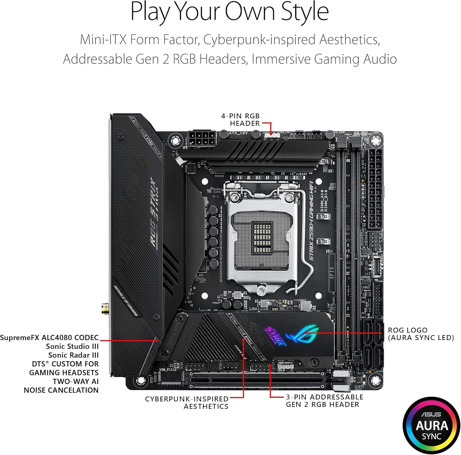 مادربرد گیمینگ ROG Strix Z590-I Gaming WiFi 6E LGA 1200 mini-ITX (نسل 11/10 اینتل، PCIe 4.0، 8+2 فاز قدرت، Thunderbolt 4، LAN 2.5 گیگابیتی، پنل جلویی USB 3.2 Gen 2 Type-C، 2x اسلات M.2)