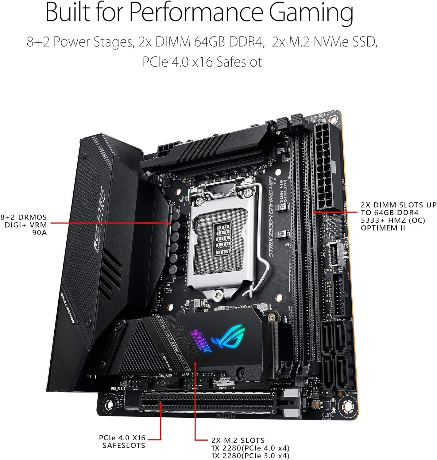 مادربرد گیمینگ ROG Strix Z590-I Gaming WiFi 6E LGA 1200 mini-ITX (نسل 11/10 اینتل، PCIe 4.0، 8+2 فاز قدرت، Thunderbolt 4، LAN 2.5 گیگابیتی، پنل جلویی USB 3.2 Gen 2 Type-C، 2x اسلات M.2)