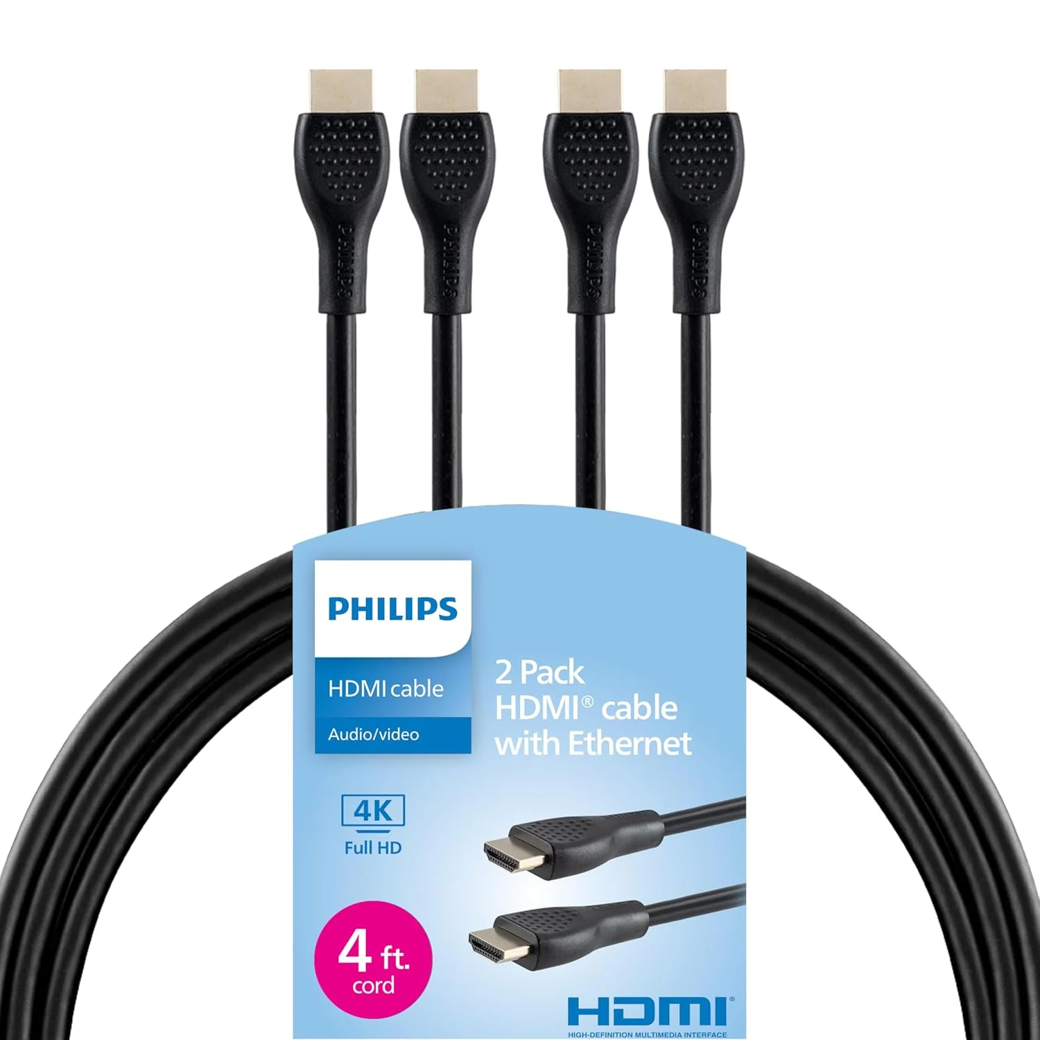 کابل HDMI 4K فیلیپس، بسته 2 عددی، طول 1.2 متر، 4K@120Hz، انتقال داده 10.2 گیگابیت بر ثانیه، نرخ تازه سازی سریع ویدیو 60-600 هرتز، سازگار با تلویزیون، بلوری، لپ تاپ، کنسول های بازی، استریمینگ، مشکی، SWV3553B/37
