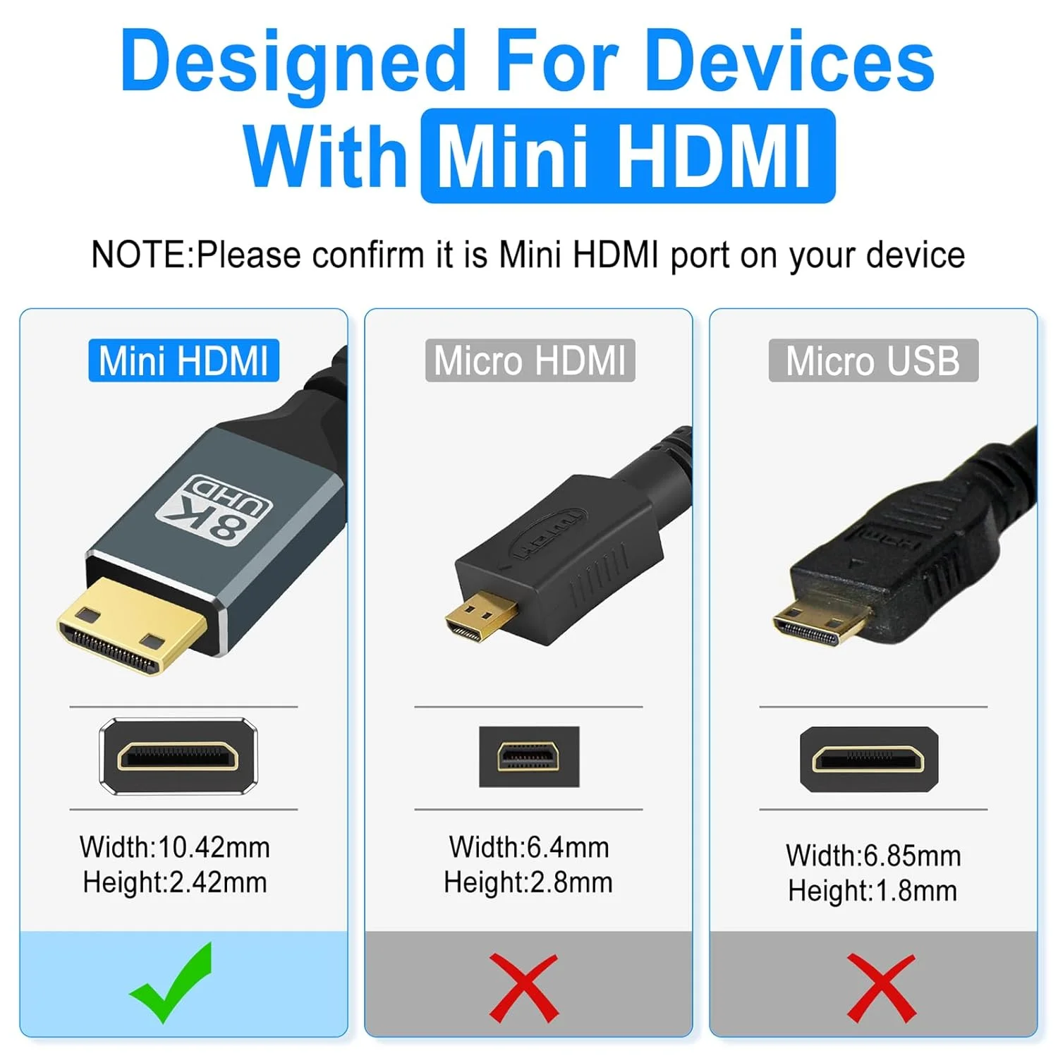 کابل مینی HDMI به HDMI با رزولوشن 8K، طول 48 سانتی متر، باریک و انعطاف پذیر 48Gbps، پشتیبانی از 8K@60HZ و 4K@144HZ برای دوربین، فیلمبرداری، تبلت، کارت گرافیک/ویدیو و لپ تاپ