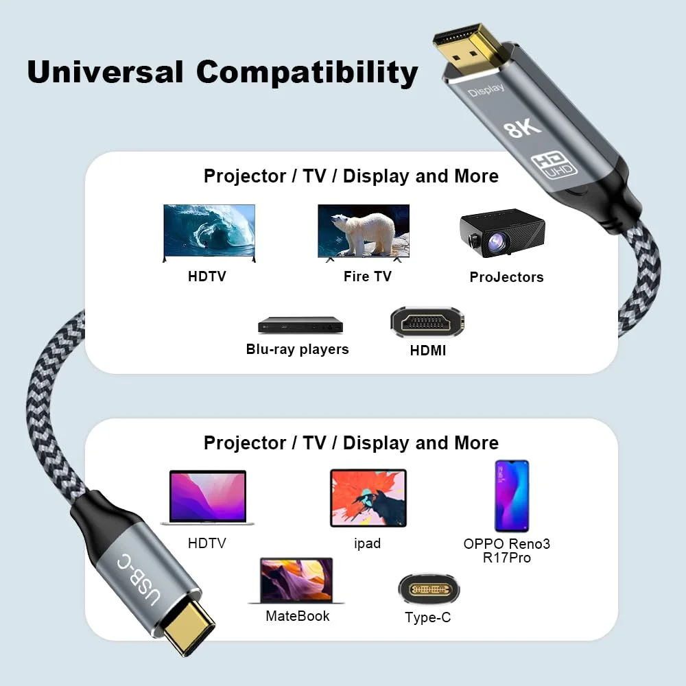 کابل USB C به HDMI 2.1 طول 1 متر، 8K@60Hz 4K@144Hz سازگار با Thunderbolt 3/4 مناسب برای MacBook Pro/Air، iPad Pro، iPhone 15، پشتیبانی از HDCP 2.3 و HDR10، سرعت بالا 48Gbps برای XPS، Galaxy S22، مانیتور گیمینگ کابل USB C به HDMI 2.1 طول 1 متر، 8K@60Hz 4K@144Hz سازگار با Thunderbolt 3/4 مناسب برای MacBook Pro/Air، iPad Pro، iPhone 15، پشتیبانی از HDCP 2.3 و HDR10، سرعت بالا 48Gbps برای XPS، Galaxy S22، مانیتور گیمینگ