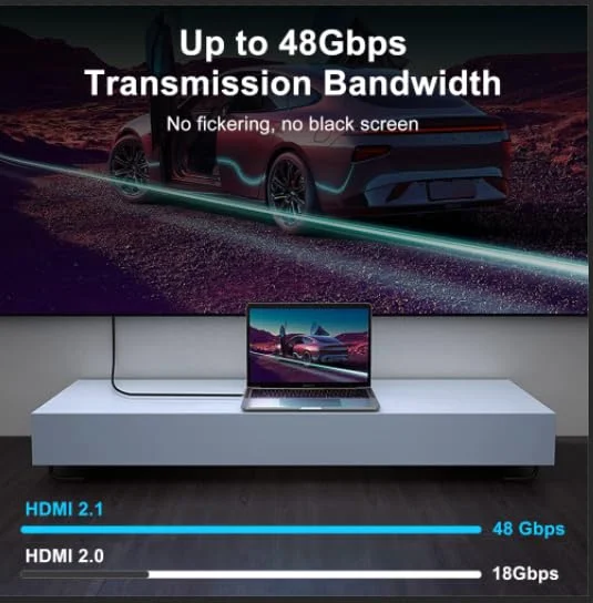 کابل فوق العاده نازک 8K HDMI 2.1 با زاویه 90 درجه چپ، 3.3 فوت، کابل باریک و انعطاف پذیر با سرعت بالا، پشتیبانی از 4K@120Hz و 8K@60Hz سازگار با Roku TV/HDTV/PS5/Blu-ray