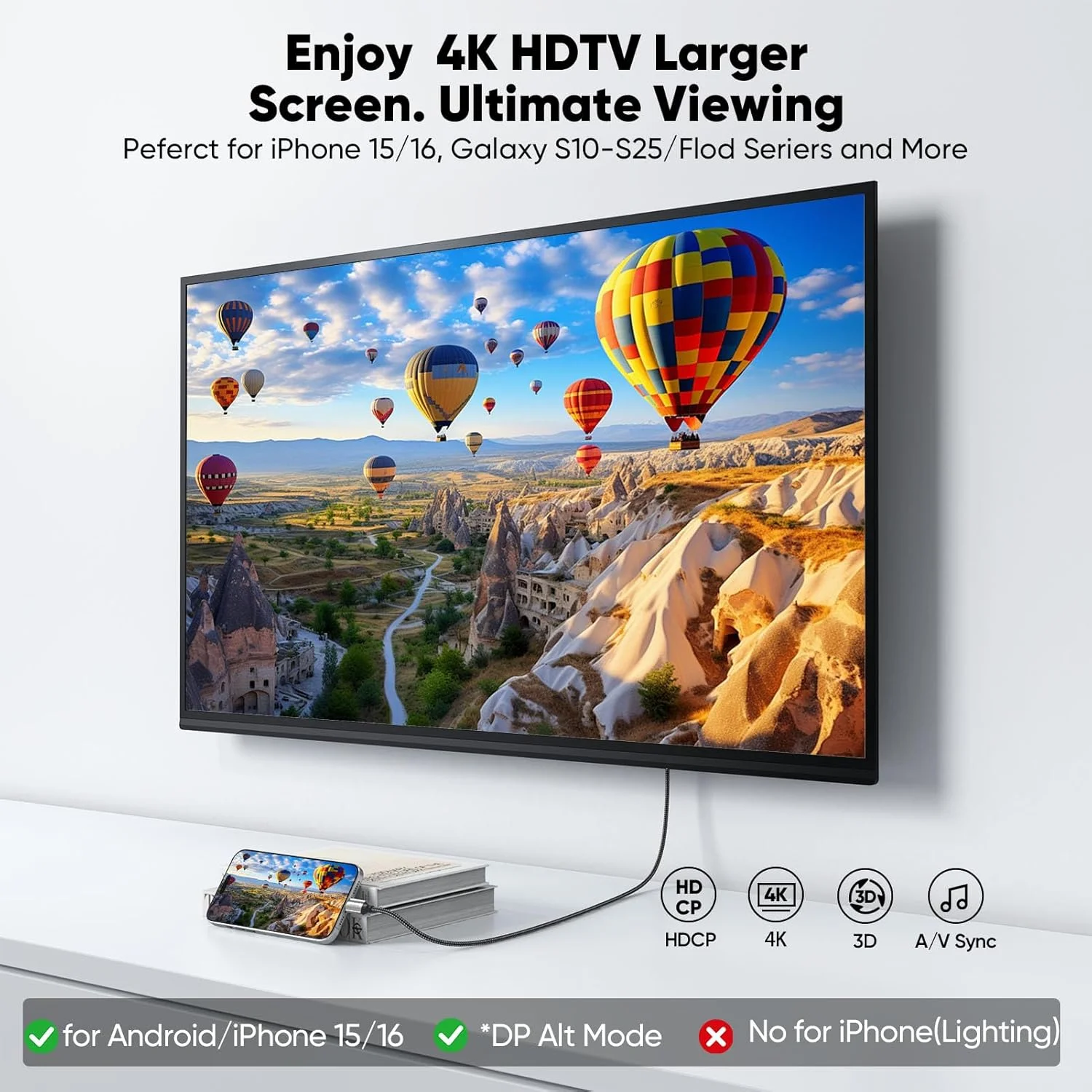 کابل کوتاه USB C به HDMI، 1.5 فوت، کابل 4K USBC به HDMI (سازگار با Thunderbolt 3/4/5)، کابل Type C به HDMI برای iPhone 16/15/ Galaxy S25/MacBook Pro Air/Mac mini 2024/iPad Pro/Pixel/Surface Pro