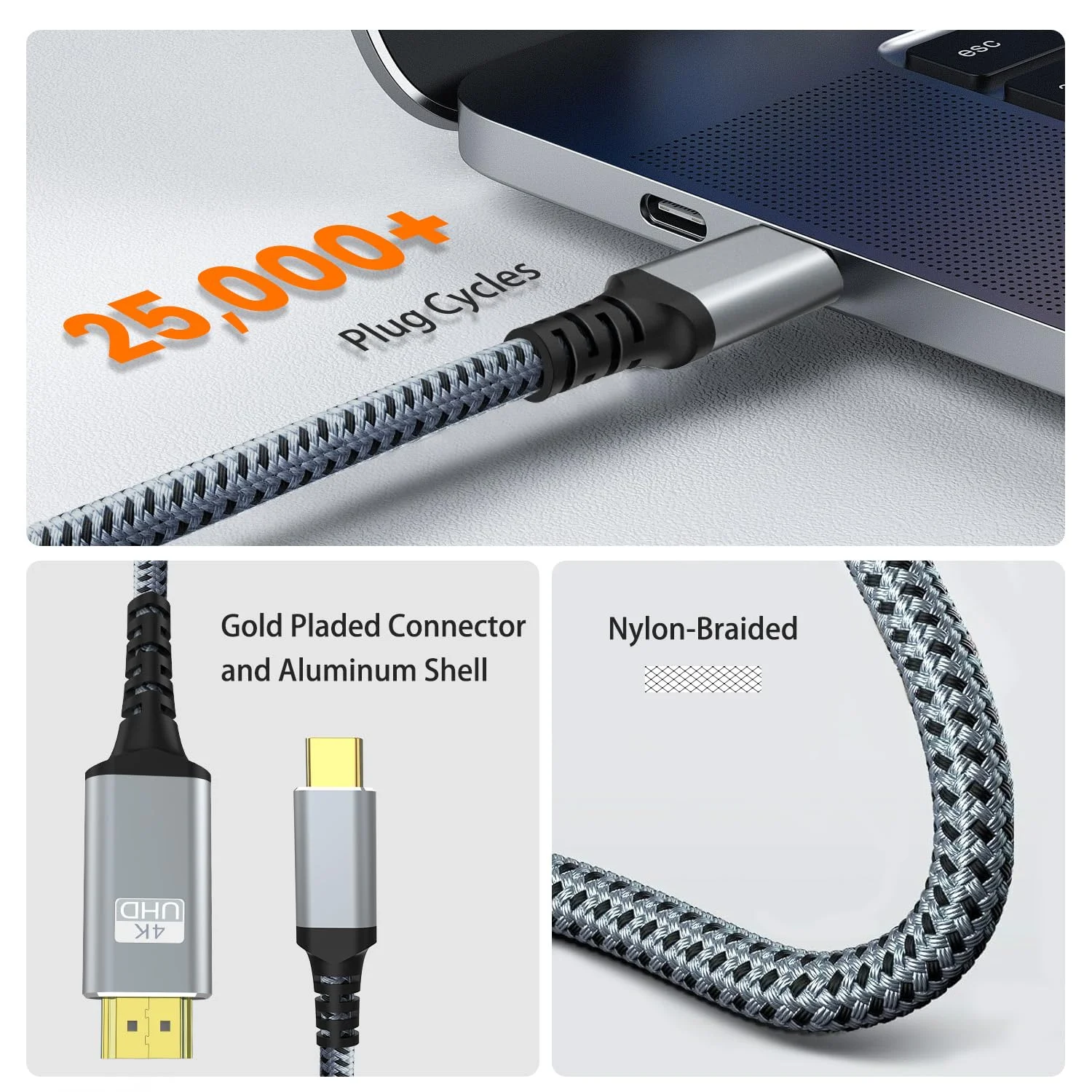 کابل USB C به HDMI طول 3 متر، 4K 60Hz USB Type C به HDMI 2.0 با روکش بافته شده، سازگار با Thunderbolt 3/4/5، MacBook، iMac، iPad Pro، Surface، Galaxy S8 تا S24