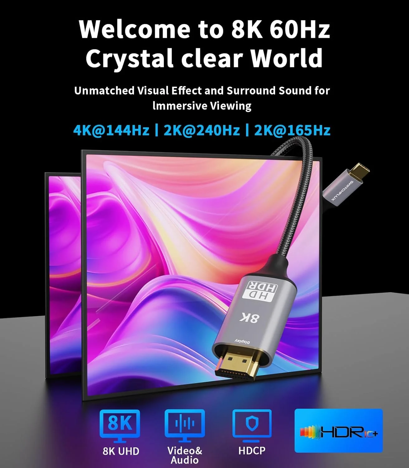 کابل USB C به HDMI 2.1 به طول 1.8 متر (8K@60Hz,4K@144Hz,2K@240Hz) کابل بافته شده Type-C به HDMI، سازگار با [Thunderbolt 3/4/5] برای سری iPhone 15، MacBook Pro/Air، iPad Pro، Surface، Dell، HP