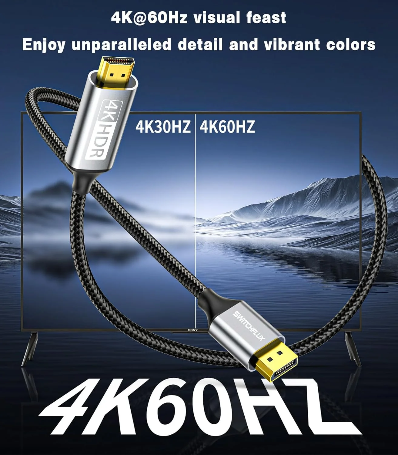 کابل DisplayPort به HDMI اکتیو 1.8 متری (4K@60Hz,1440P/2K@120Hz) یک طرفه Display Port 1.2 به HDMI 2.0 با روکش بافته شده، DP به HDMI سازگار با AMD، NVIDIA، کامپیوترهای رومیزی و مانیتورهای گیمینگ