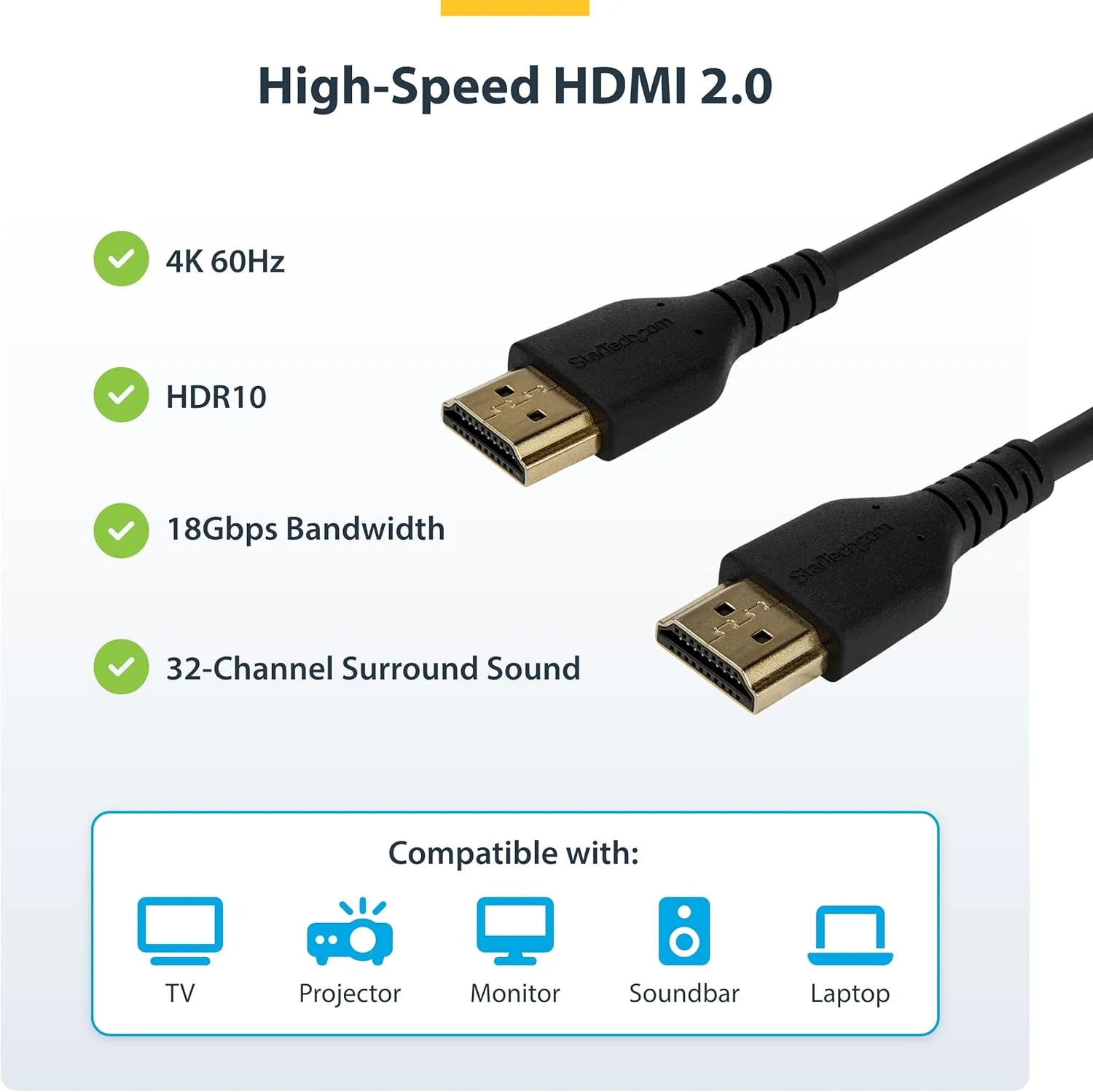 کابل باریک HDMI با اترنت StarTech.com به طول 1.5 متر، کابل ممتاز HDMI 2.0 انعطاف پذیر، UHD 4K 60Hz HDR10، طراحی بادوام با روکش TPE