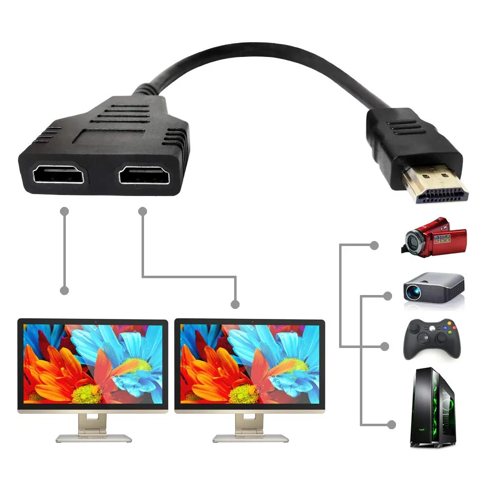 کابل تبدیل HDMI یک به دو، کابل آداپتور HDMI نر به دو پورت مادگی، پشتیبانی از دو تلویزیون با اندازه یکسان به طور همزمان، سیگنال یک ورودی به دو خروجی 1080P فقط حالت آینه ای، عدم پشتیبانی از گسترش صفحه نمایش