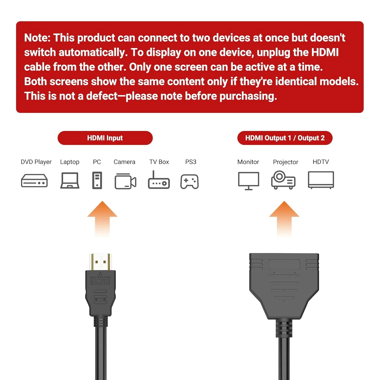 کابل تبدیل HDMI یک به دو، کابل آداپتور HDMI نر به دو پورت مادگی، پشتیبانی از دو تلویزیون با اندازه یکسان به طور همزمان، سیگنال یک ورودی به دو خروجی 1080P فقط حالت آینه ای، عدم پشتیبانی از گسترش صفحه نمایش