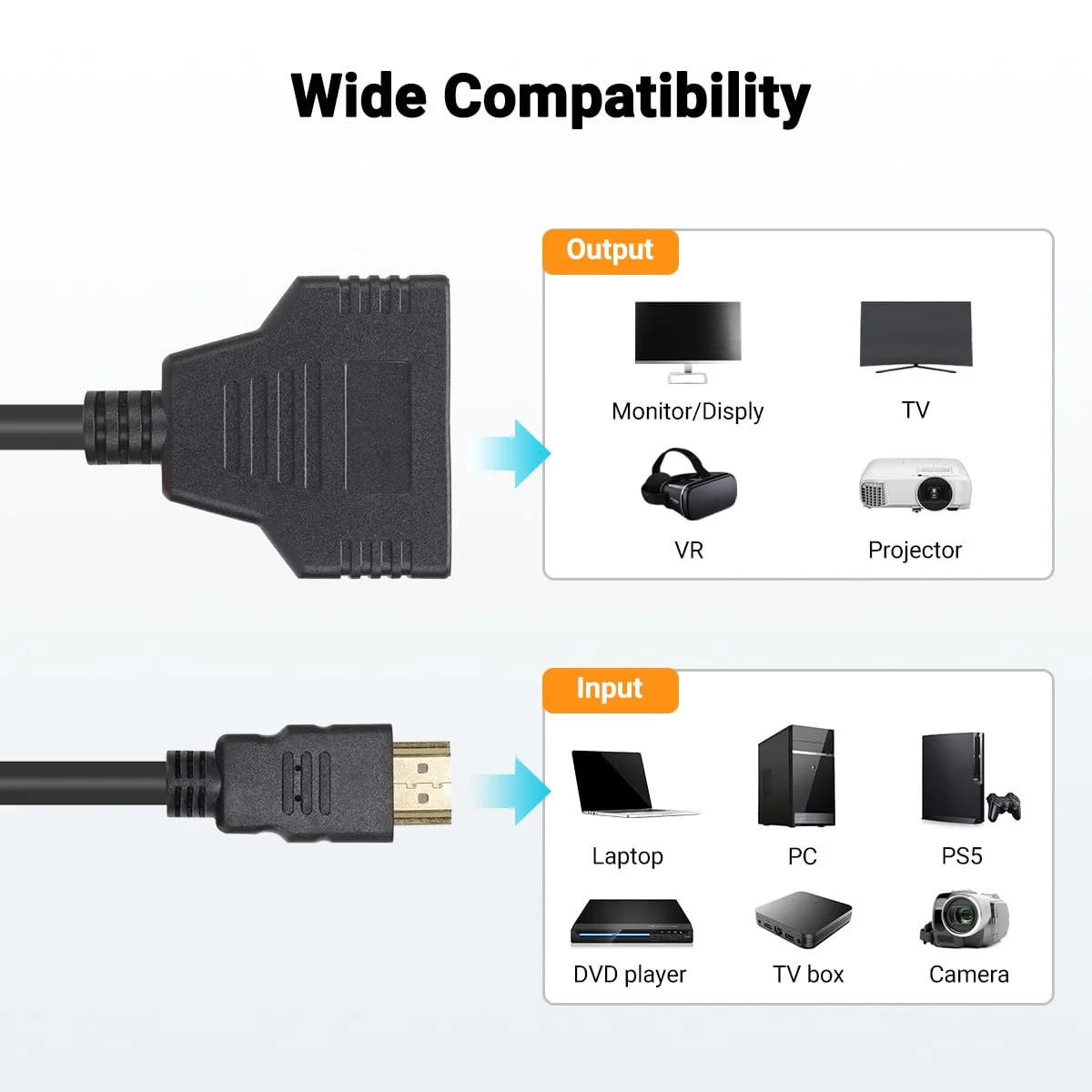 کابل تبدیل HDMI یک به دو، کابل آداپتور HDMI نر به دو پورت مادگی، پشتیبانی از دو تلویزیون با اندازه یکسان به طور همزمان، سیگنال یک ورودی به دو خروجی 1080P فقط حالت آینه ای، عدم پشتیبانی از گسترش صفحه نمایش
